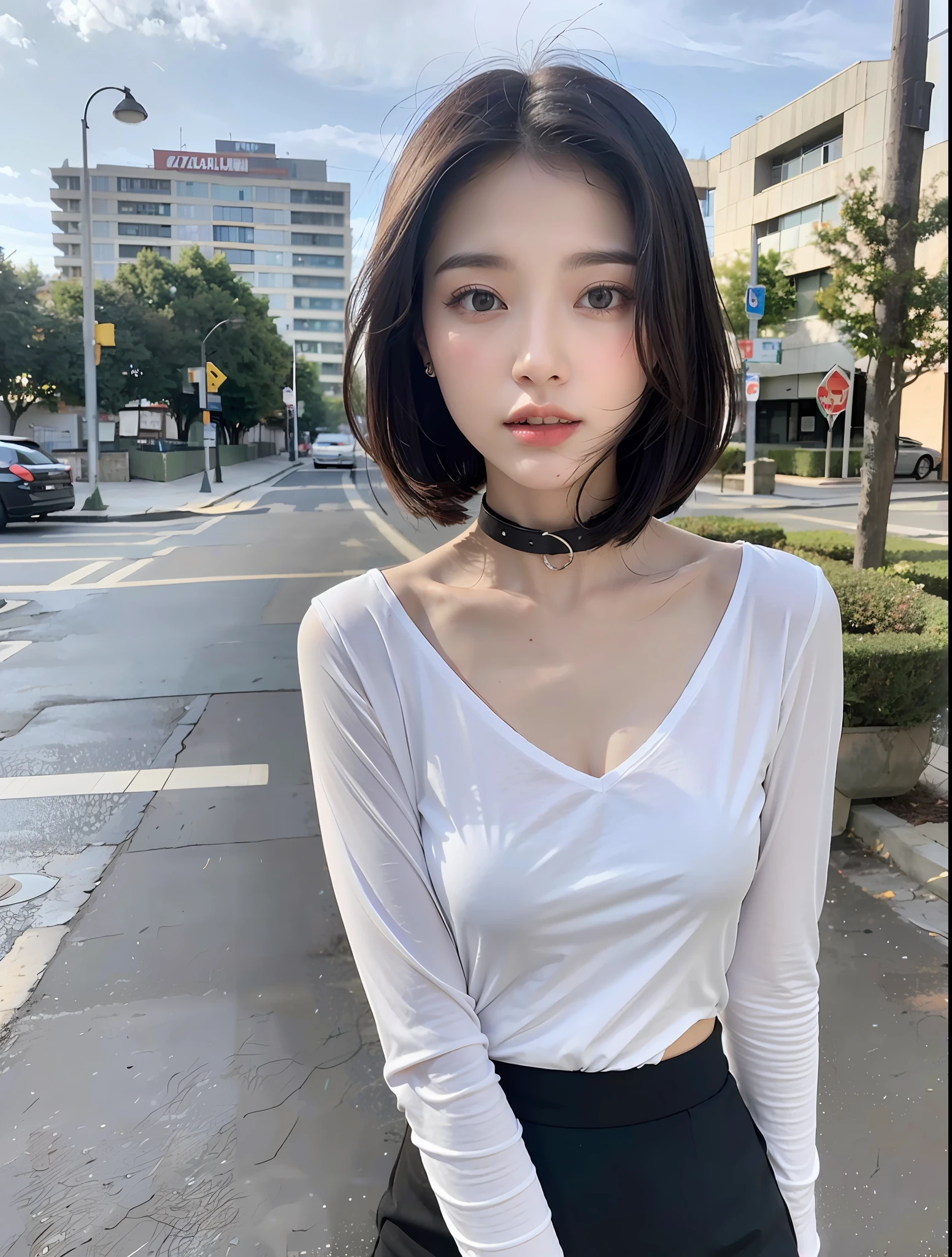 random pose, mix4, (8k, RAW photo, highest quality, masterpiece: 1.2), (realistic, realistic: 1.37), a girl, cute, cityscape, night, rain, wet, professional lighting, photon mapping, radiosity, physically based rendering, gradient brunet, gray hair, short curl, handsome, girl, white skinny shirt with collar, mini skirt, high quality photo, high resolution, 1080p, (clear face), (detailed face description), (detailed hand description), (Masterpiece), (Elaborate CG), Extreme Light and Shadow, Short Unbalanced Bob, Master Work, Rich Detail, (Fine Facial Features), (High Quality Photo), (Masterpiece), (Detailed Eyes), Looking Eyes in Front, Fine Collarbone, Small Face, Petite and Delicate Body Shape, Full Body Shot