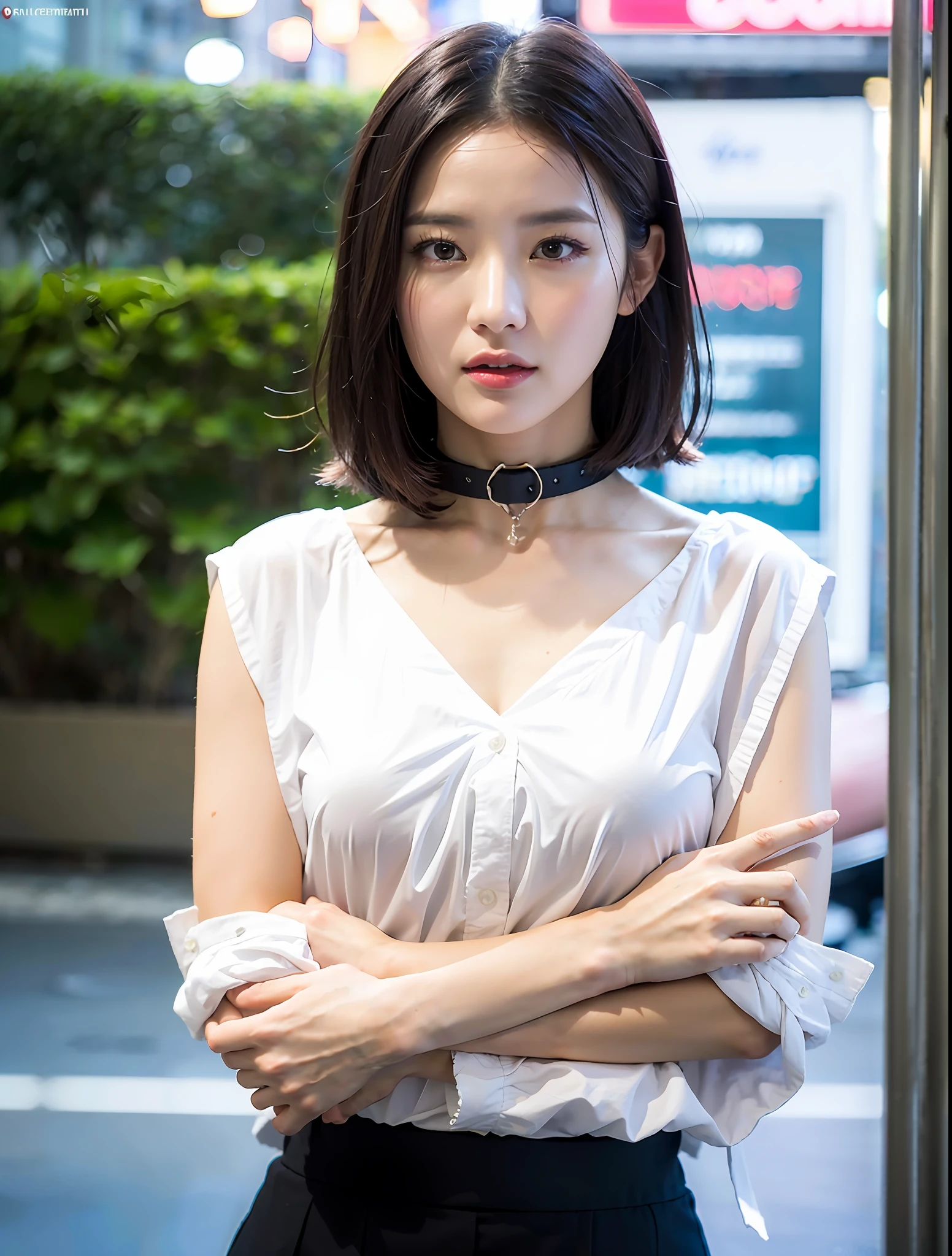 random pose, mix4, (8k, RAW photo, highest quality, masterpiece: 1.2), (realistic, realistic: 1.37), a girl, cute, cityscape, night, rain, wet, professional lighting, photon mapping, radiosity, physically based rendering, gradient brunet, gray hair, short curl, handsome, girl, white skinny shirt with collar, mini skirt, high quality photo, high resolution, 1080p, (clear face), (detailed face description), (detailed hand description), (Masterpiece), (Elaborate CG), Extreme Light and Shadow, Short Unbalanced Bob, Master Work, Rich Detail, (Fine Facial Features), (High Quality Photo), (Masterpiece), (Detailed Eyes), Looking Eyes in Front, Fine Collarbone, Small Face, Petite and Delicate Body Shape, Full Body Shot