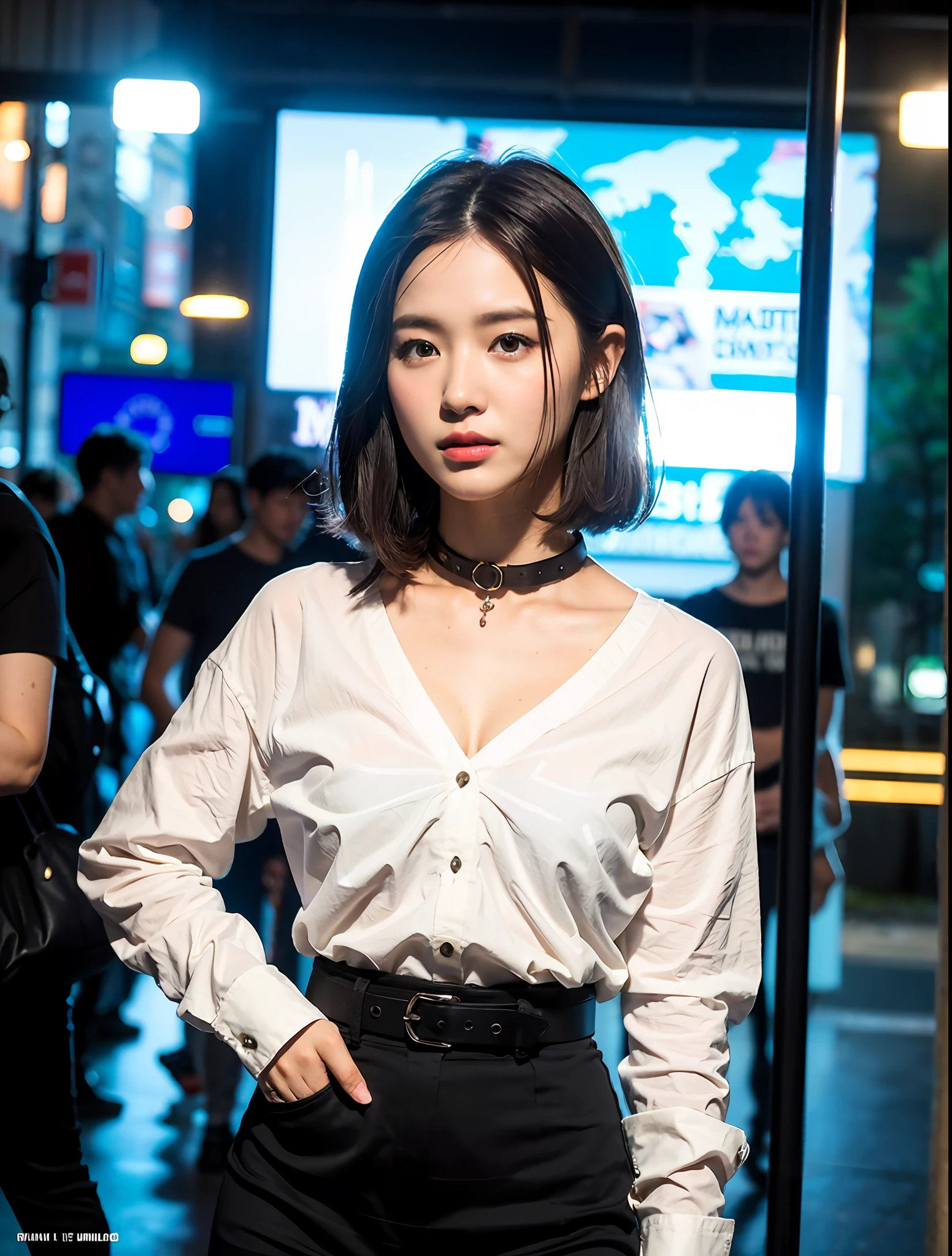 random pose, mix4, (8k, RAW photo, highest quality, masterpiece: 1.2), (realistic, realistic: 1.37), a girl, cute, cityscape, night, rain, wet, professional lighting, photon mapping, radiosity, physically based rendering, gradient brunet, gray hair, short curl, handsome, girl, white skinny shirt with collar, mini skirt, high quality photo, high resolution, 1080p, (clear face), (detailed face description), (detailed hand description), (Masterpiece), (Elaborate CG), Extreme Light and Shadow, Short Unbalanced Bob, Master Work, Rich Detail, (Fine Facial Features), (High Quality Photo), (Masterpiece), (Detailed Eyes), Looking Eyes in Front, Fine Collarbone, Small Face, Petite and Delicate Body Shape, Full Body Shot