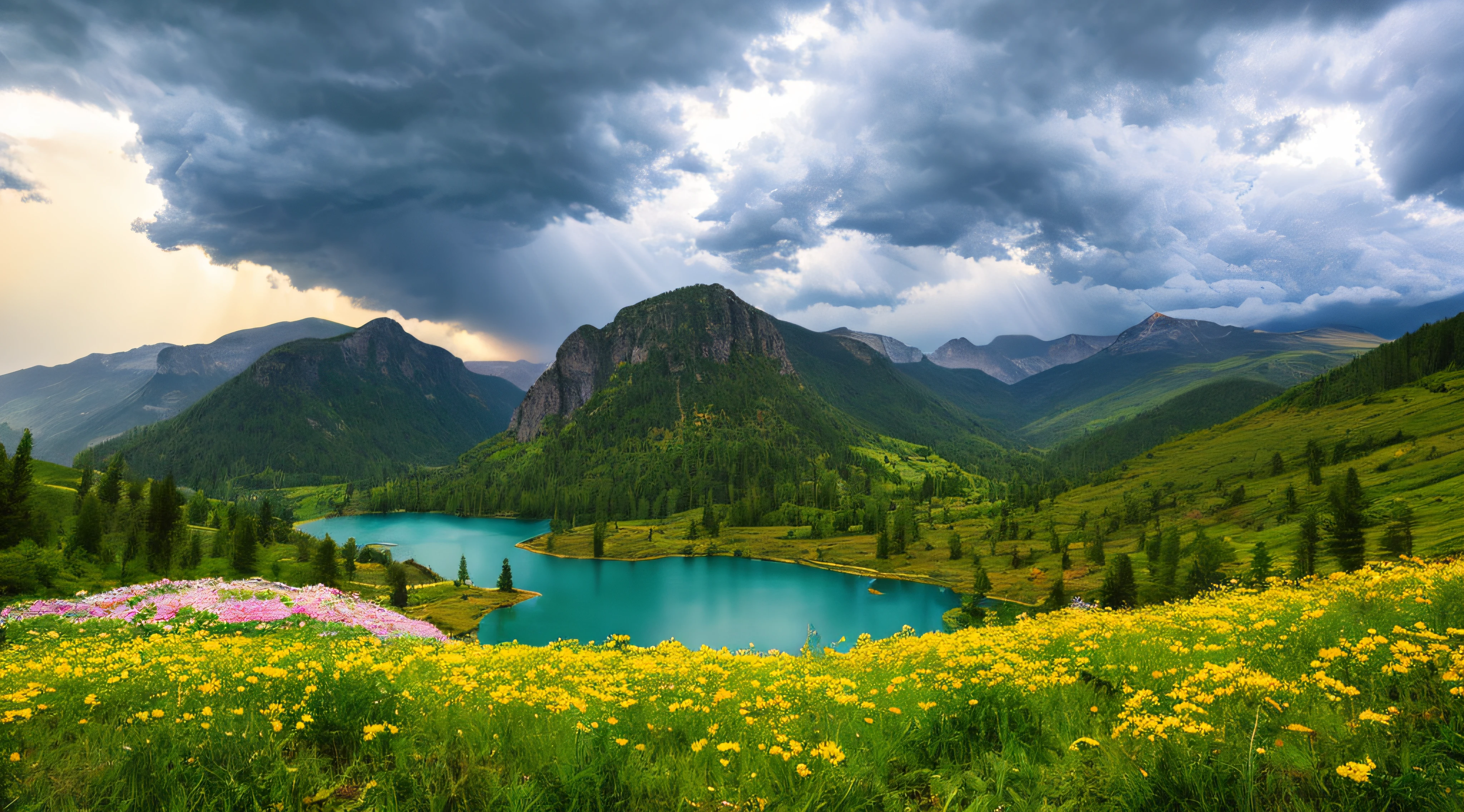 magical, landscape, mysterious, luminous, dreary, complex, bloom, dreary. expansive, Magnificent, god rays, storm, lightning, mountains, valley, boulders, trees, flowers, lake