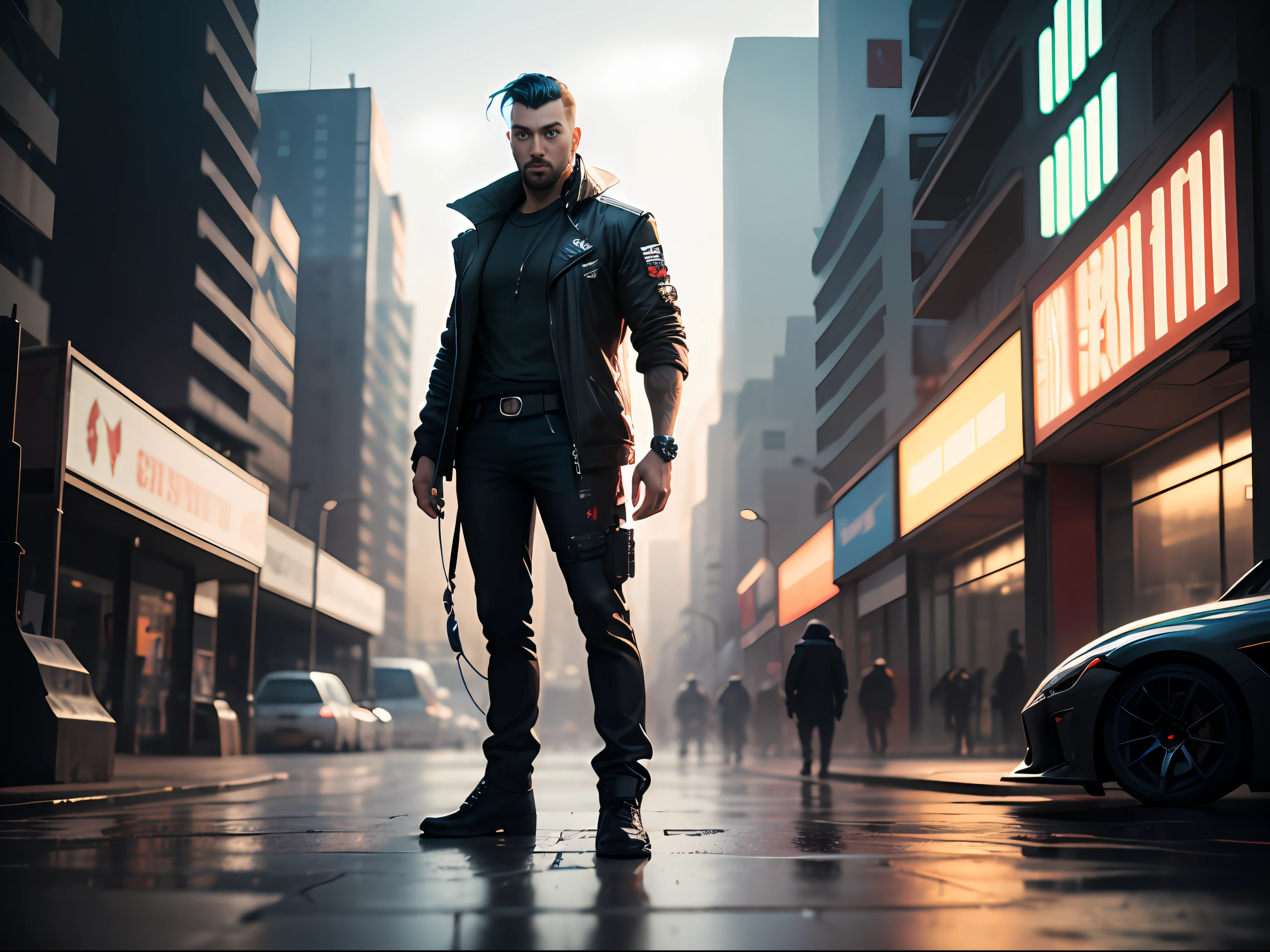 man standing, futurista, Cyberpunk, com barba