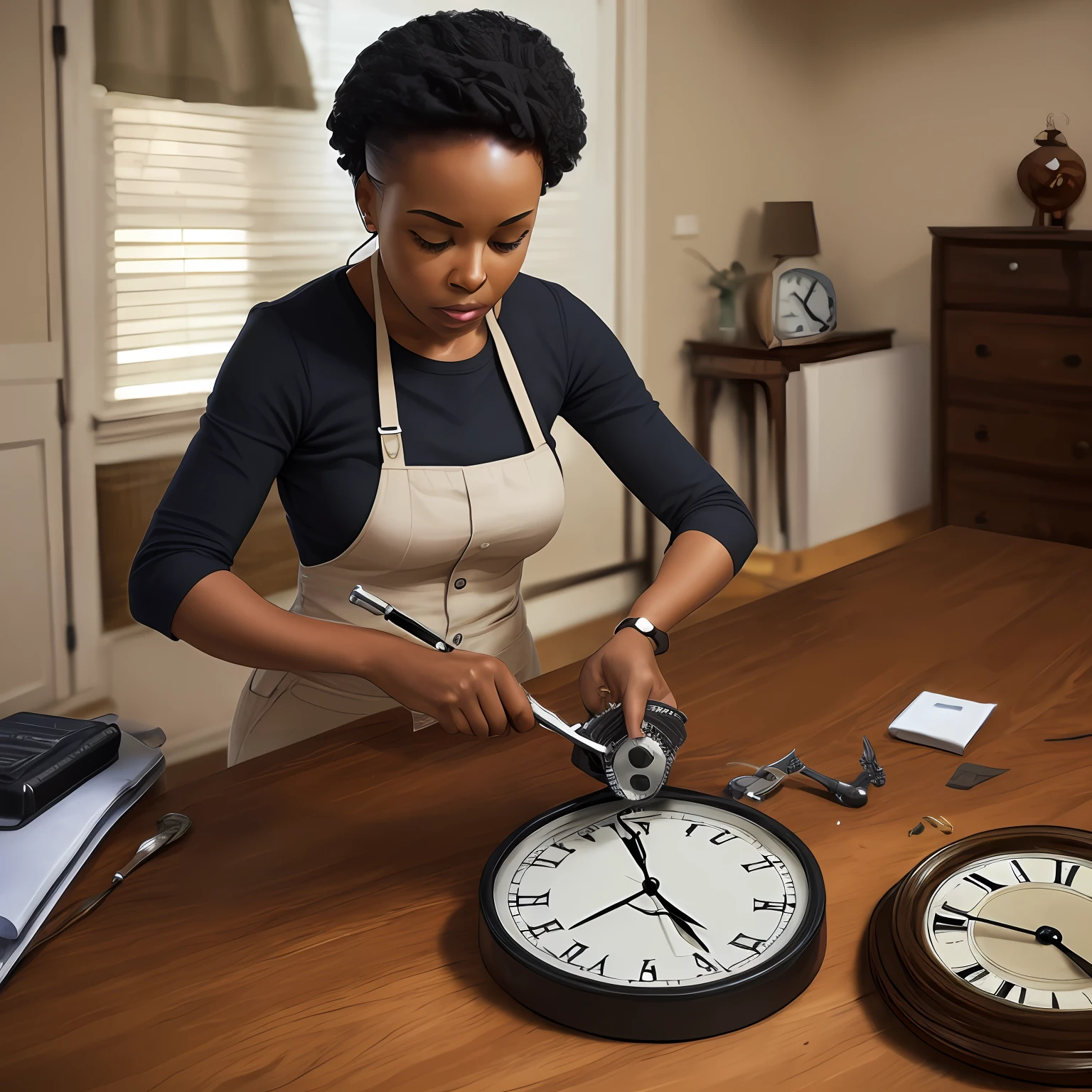 black woman making time. fixing a clock --auto