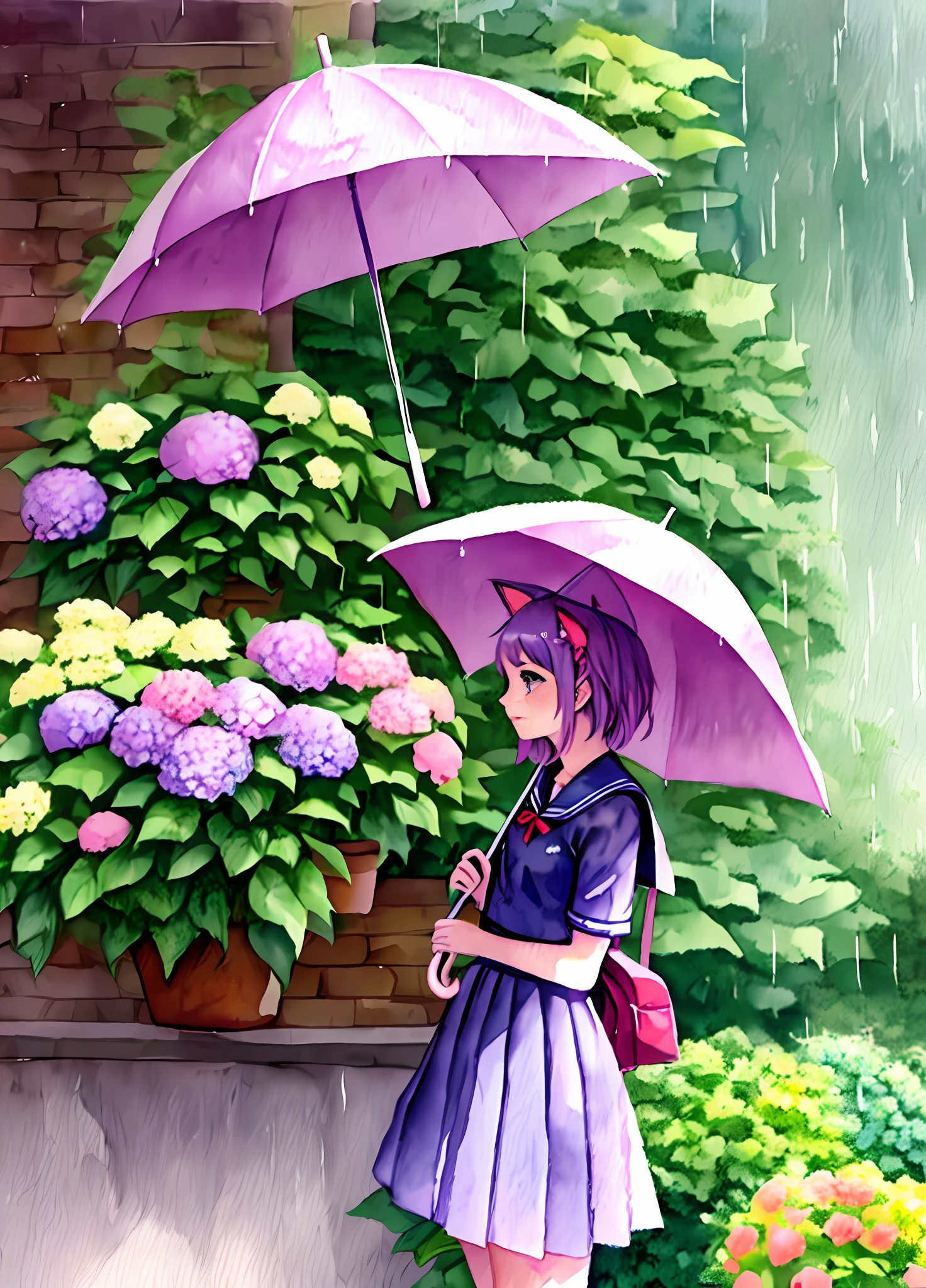 A girl high school student with cat ears and a cute atmosphere is depicted in a watercolor painting. The painting features a rainy day, a colorful umbrella, and a purple hydrangea. The color scheme is pastel.((seifuku))