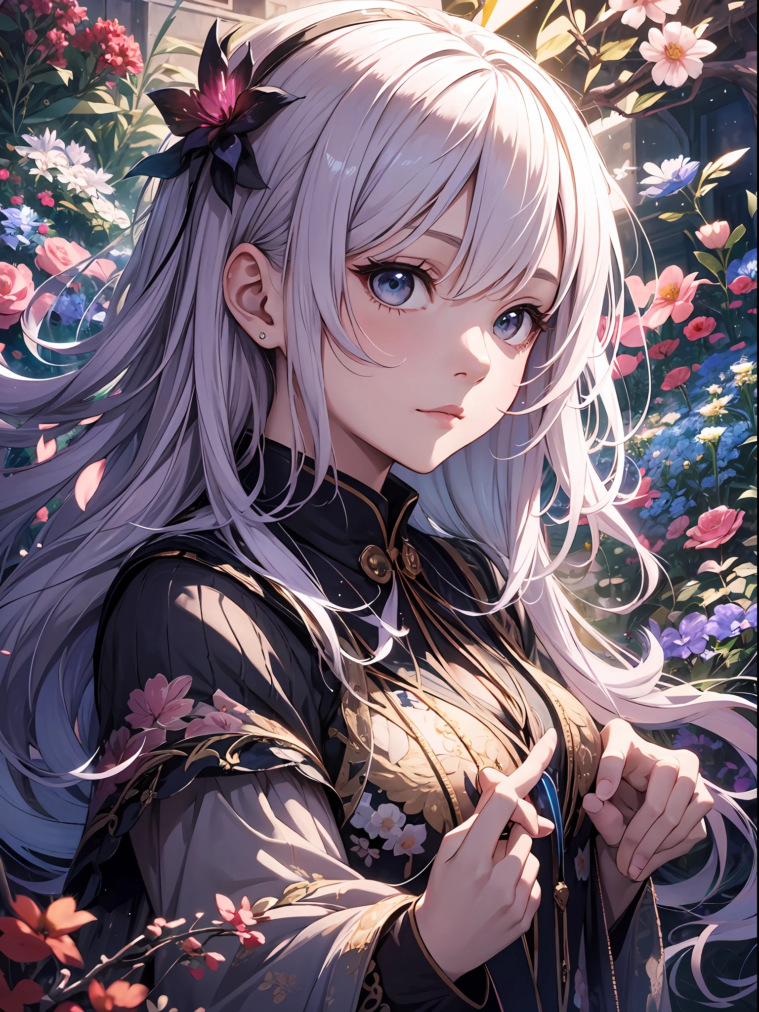 (Master Masterpiece、best-quality、highest、offical arts、Beautifully Aesthetic:1.2)、(Master Masterpiece、best-quality、best-quality、offical arts、Beautifully Aesthetic:1.2)、(Master Masterpiece、best-quality、best-quality、offical arts、Beautifully Aesthetic:1.2)、(1girle:1.3)、highly detail、(Fractal Art:1.3)、colorfull、Supreme Details、「Girl Wizard from Another World」This painting titled、It depicts a girl manipulating magic in an exclusive castle garden。 A beautiful otherworldly castle spreads out in the background、The garden there is、It creates an atmosphere as if it has opened a door to another world..。 At the center of this scene is、Japan elementary school girls standing in elementary school uniforms。Her face is innocent and、It has an expression that makes you want something strongly。In her hand is a luxurious wand.、From that wand is emitting mighty magical powers。Its energy is very powerful、A beam of light makes a large trajectory in the sky。The eyes are developed, realistic and detailed.。The brilliance of the pupil impresses with the strength of the life force。Beautiful fingertips、Shaped like a pianist, and even the nails are reproduced in detail.々Fascinates。 The charm of this painting is、The powerfulness of the girl and the beauty of the garden、ed、It skillfully captures the atmosphere of another world.。ed、The girl's facial expressions and movements are very realistic.、It has the power to draw the viewer into the moment。 In addition、the light and shadow production is also stunning。The beam of light emitted by the cane is、Illuminate the gardens and castle、pure、Creates a sense of distance from the visible light source to the girl.。Quality produces realistic images、It can convey visual beauty and story appeal at the same time。 This is、Not only visually appealing works、It is a work that further enriches the visual experience by drawing a story.。We think about the theme to the fullest。 The reason is、With its high degree of perfection and、The efforts and passion of artists who wer