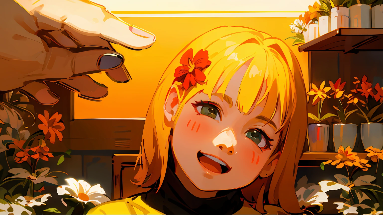 Child with，little girl，Issuing，Small safflower，florist，Smileing，High-precision illustration