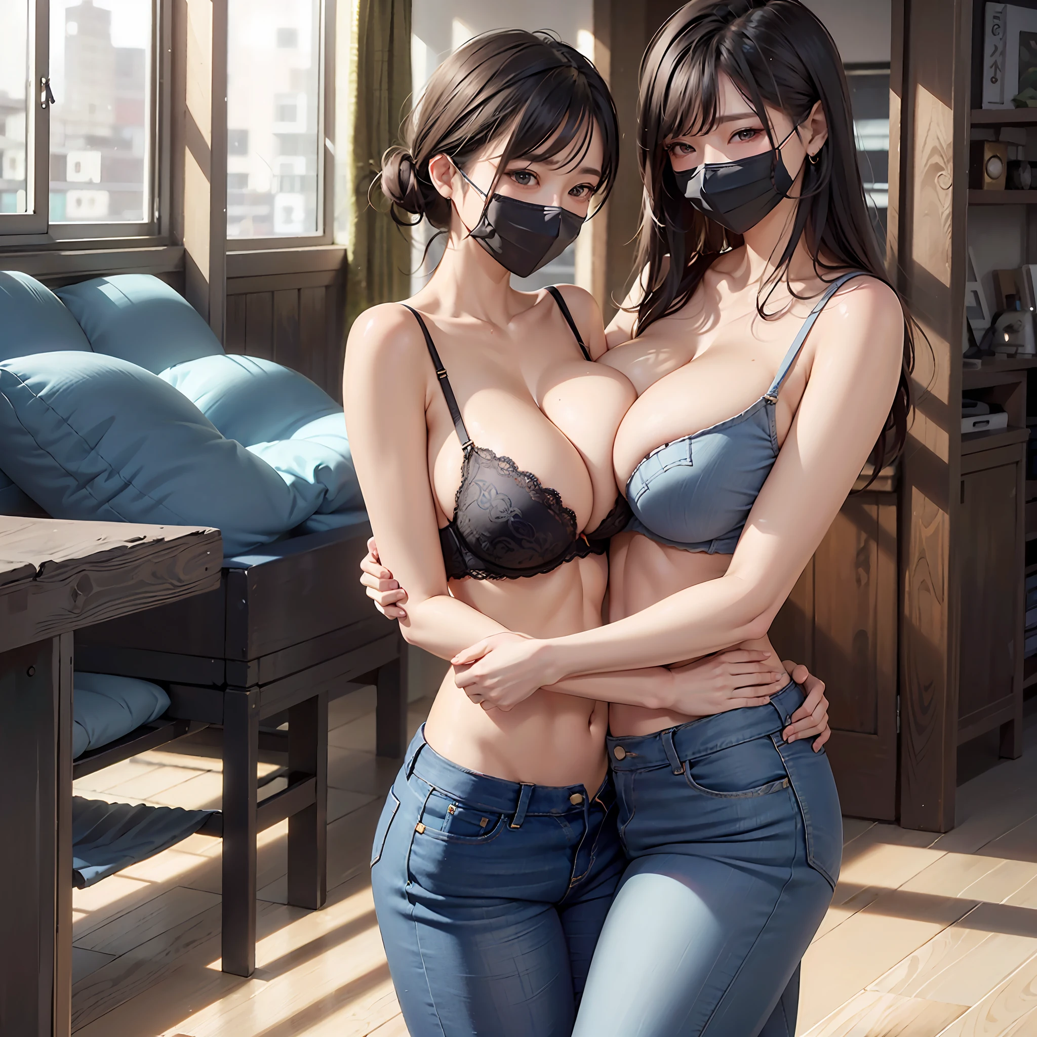 (8K)、((Woman in bra and pants holding woman in jeans))、(Black mask)、Cool beauty、(big boobs)、Full nipple visible、Futanari --auto