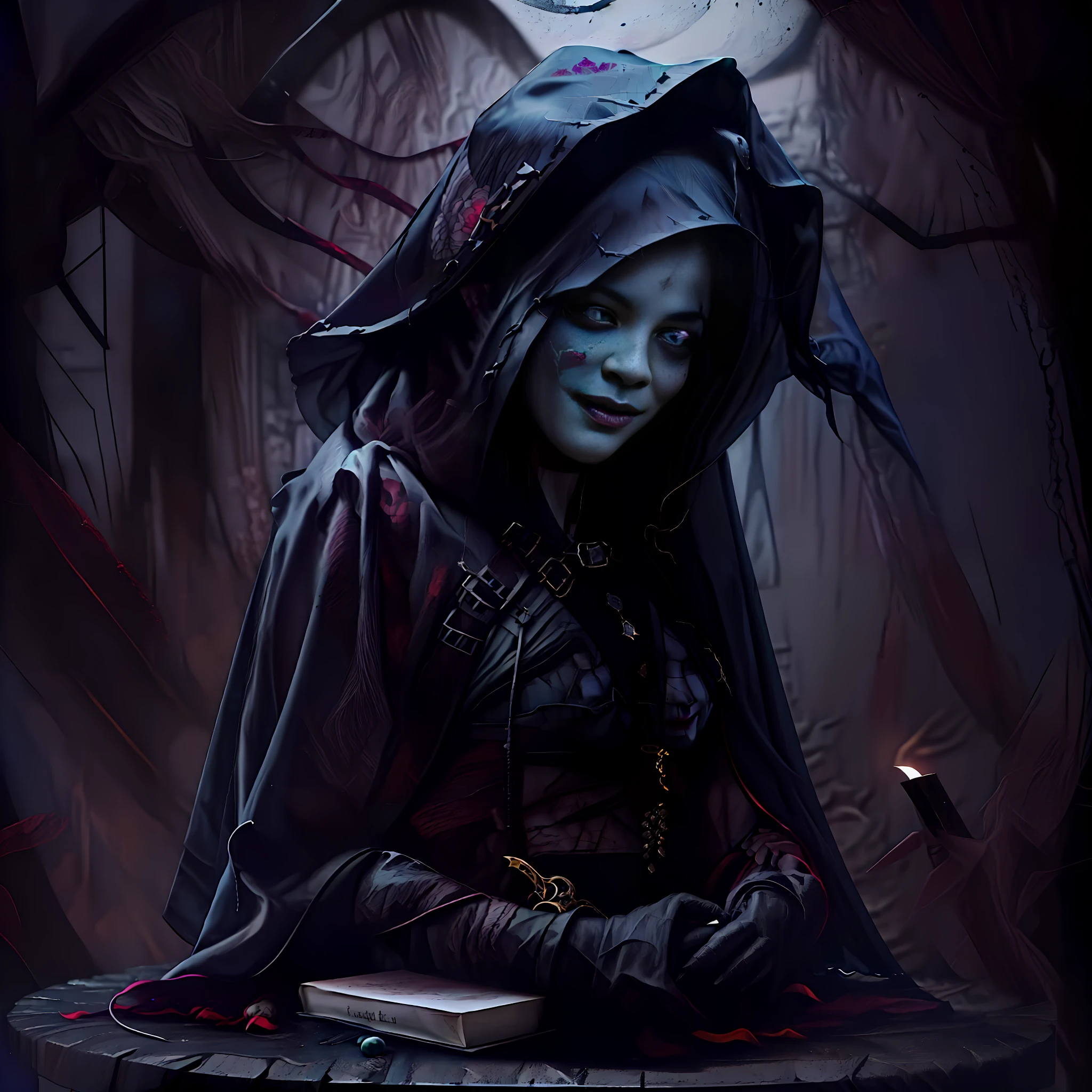 A man sitting at a huge black stone table， fantasy dark art, eerie art style, dark fantasy style art, in style of dark fantasy art, Man in a cloak,（A white mask with a weird and funny smile：1.9）（Three tentacles stretched out from the gap between the robes：1.9）（The background is a group of puppets）（An ancient book and pen in the tentacles：1.9）（Obfuscation）， dark fantasy art, dark art style, eerie and grim art style, dark cloak, cloaked dark night, dark fantasy mixed with realism, Dark monsters，8K