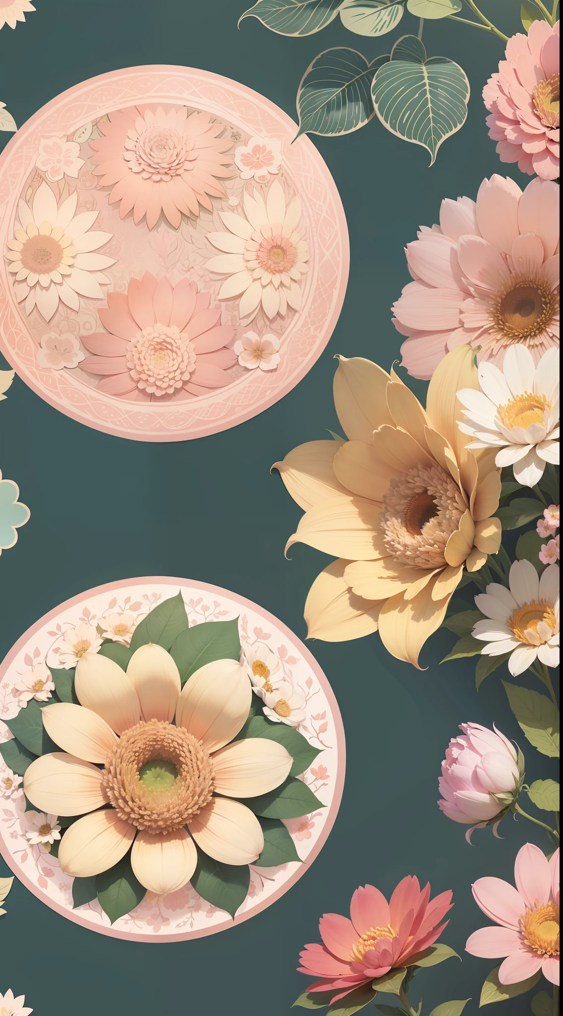 Set pattern of large flowers with plants, defined shape, flat style, vector style, drawing style, naïve style, wallpaper style, in soft pastel colors such as old pink, pastel blue, light blue, beige, pastel yellow and white. No shadows in the images.