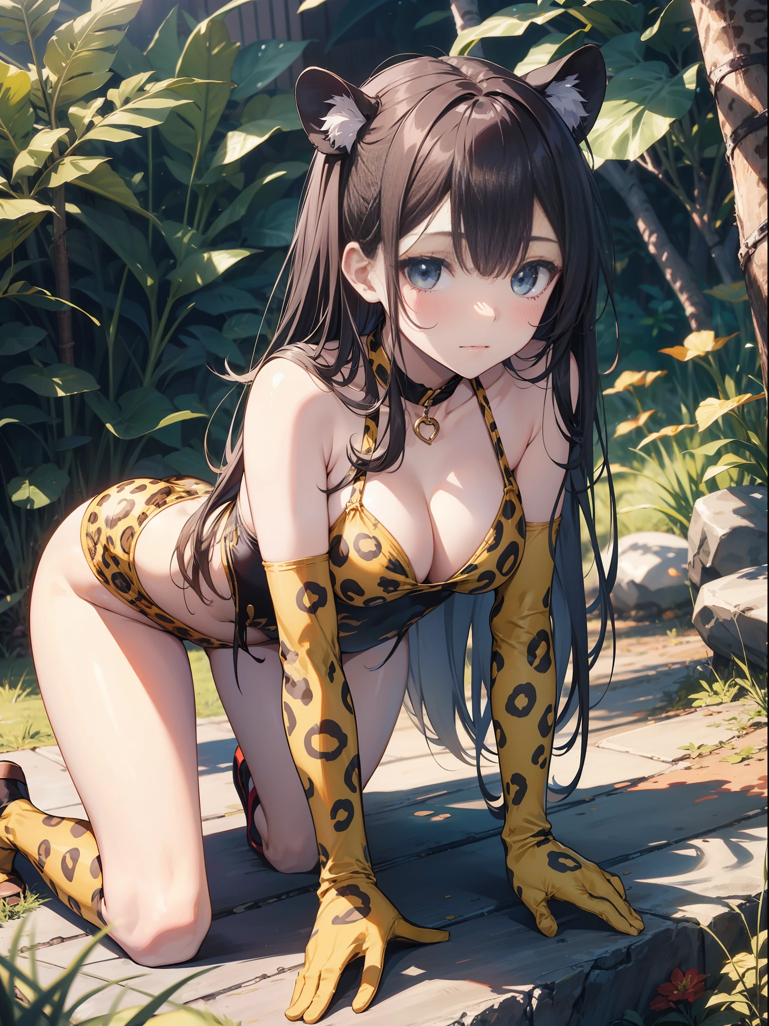 Leopard print swimsuit、Slender Beautiful Girl、One person、high picture quality、best-quality、Fine detail、Does not blush cheeks、kneehighs、a-pose、hanging、gloves、All fours