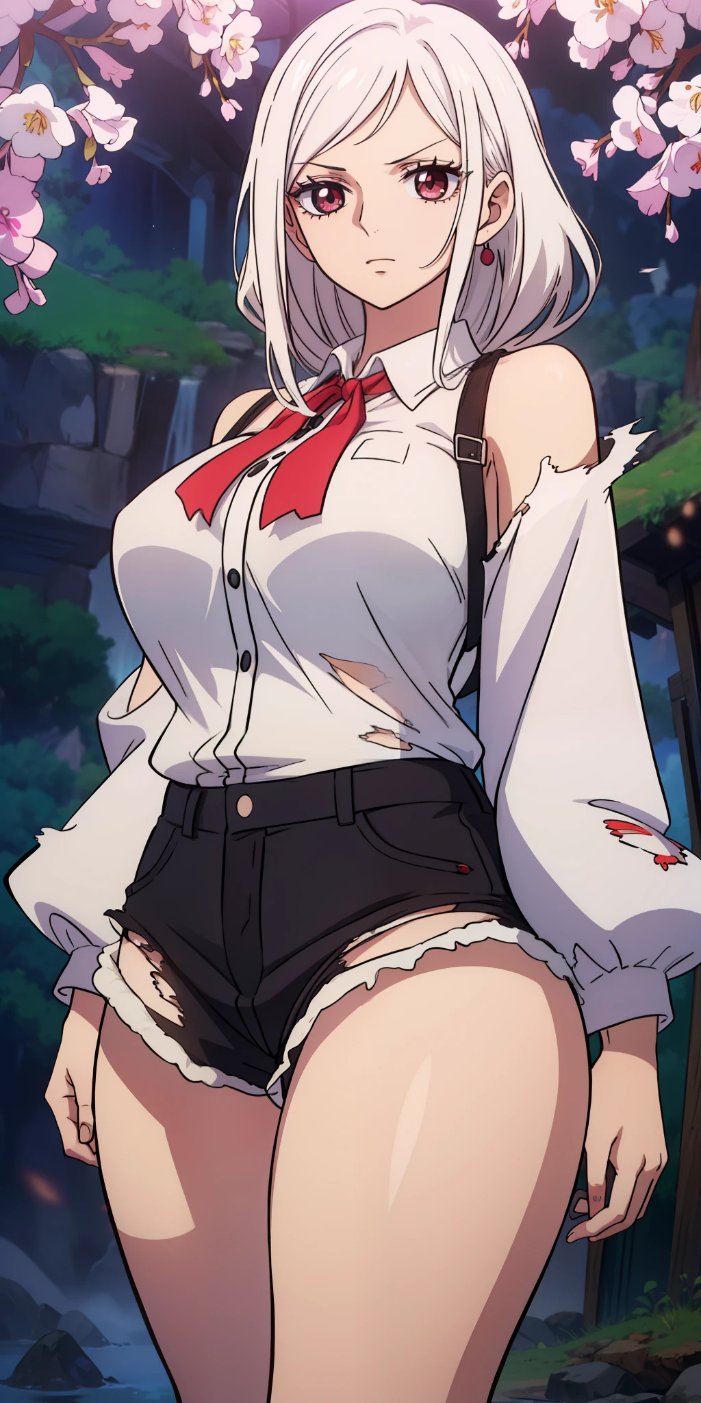 ((masterpiece)), ((best quality)), ((anime profile style)), ((HD 4k)), ((anime character)), girl, female face, light skin, eyes, eyelid , pupil, sclera, iris, eyebrow, eyelashes, ear, nose, white hair, neck, shoulders, long-sleeved shirt, torn open short shorts, ((panties showing)), arms, ((thick legs)), ((thigh large)), background scenery, viewer view