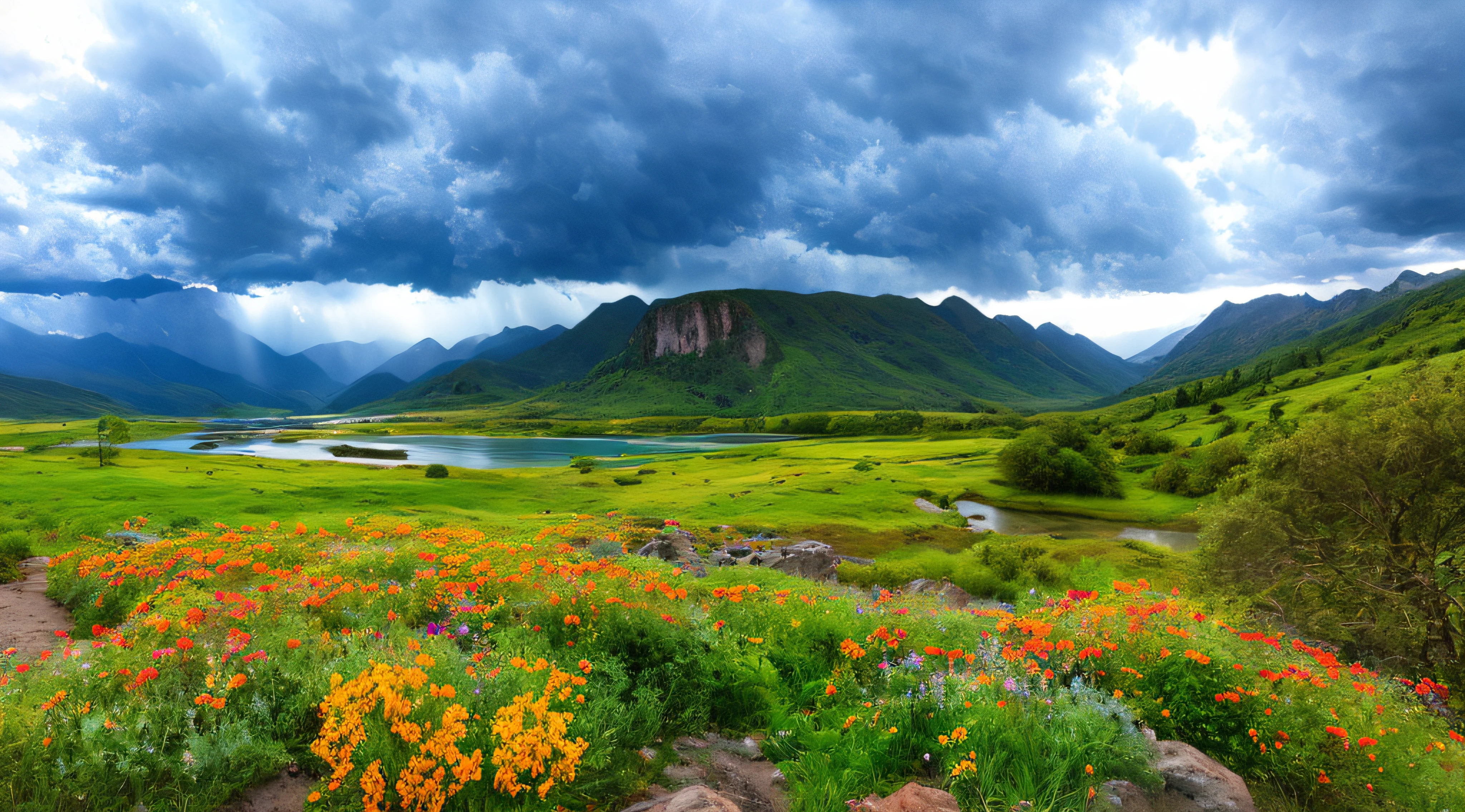 magical,  landscape, mysterious, luminous, dreary, complex, bloom, dreary. expansive, Magnificent, god rays, storm, lightning, mountains, valley, boulders, trees, flowers, lake