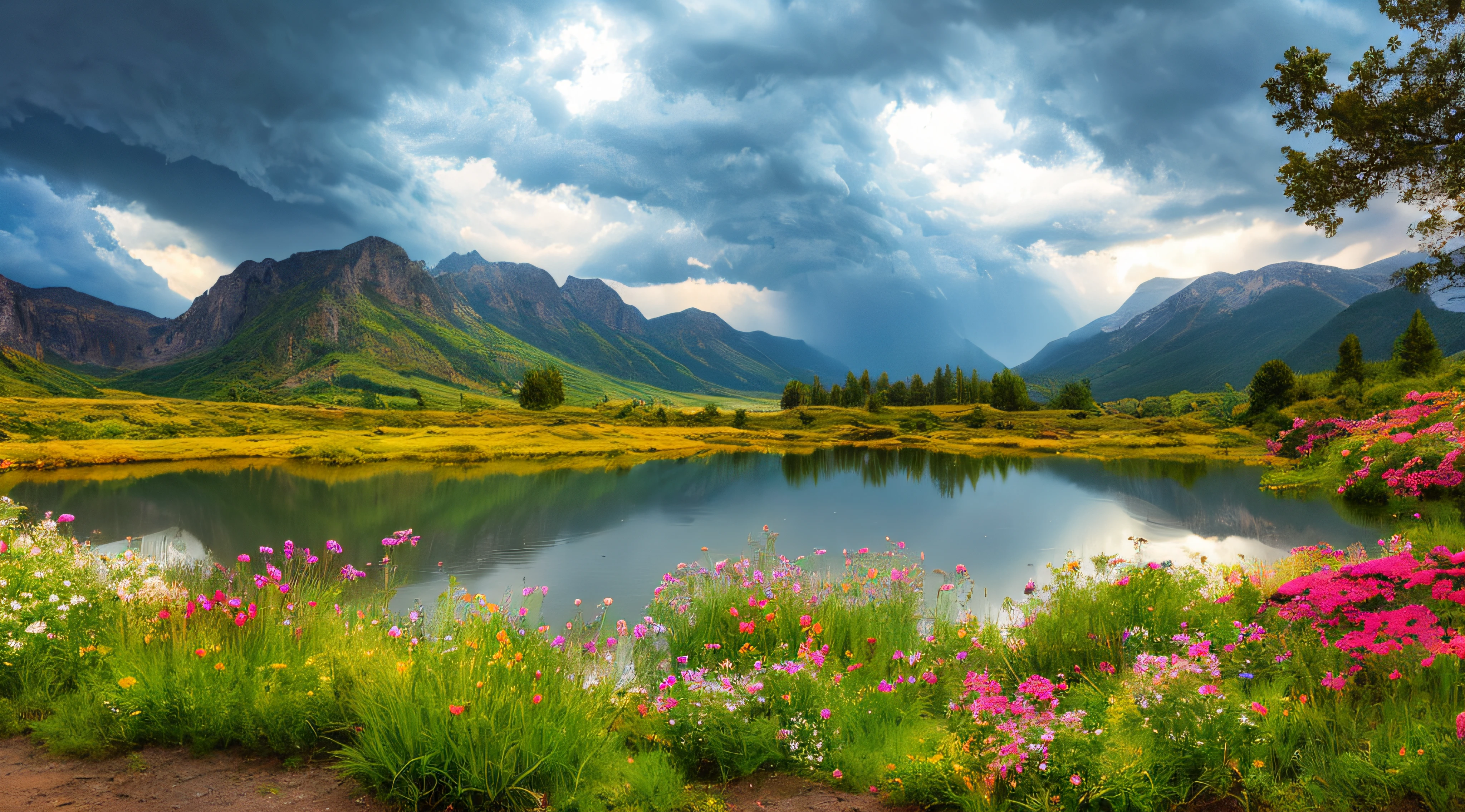 magical, landscape, mysterious, luminous, dreary, complex, bloom, dreary. expansive, Magnificent, god rays, storm, lightning, mountains, valley, boulders, trees, flowers, lake
