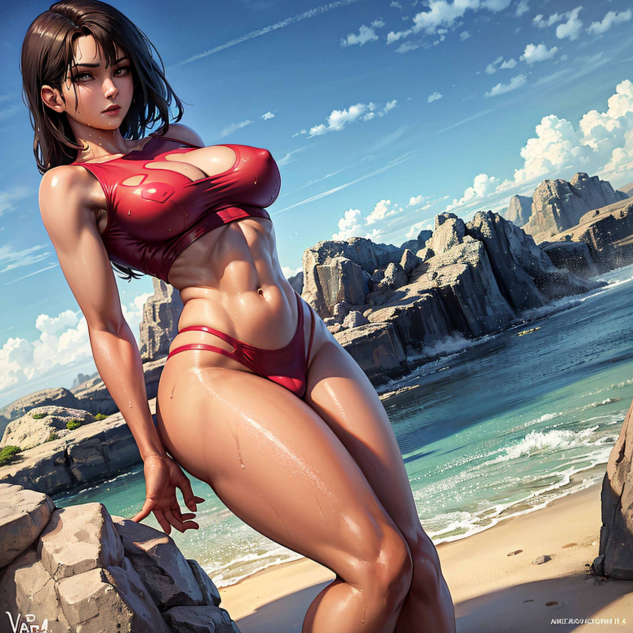 A closeup iron woman standing on a rock, large breasts, pink breasts, very large chest, extremely detailed artgerm, artgerm comic, using yellow and red alloy, (using, ((vaporous:1.2) (transparent:1.2) (white: 0.6) (chiffon) (crop top) grasped (wet: 1.4) skin ): 1.2))),