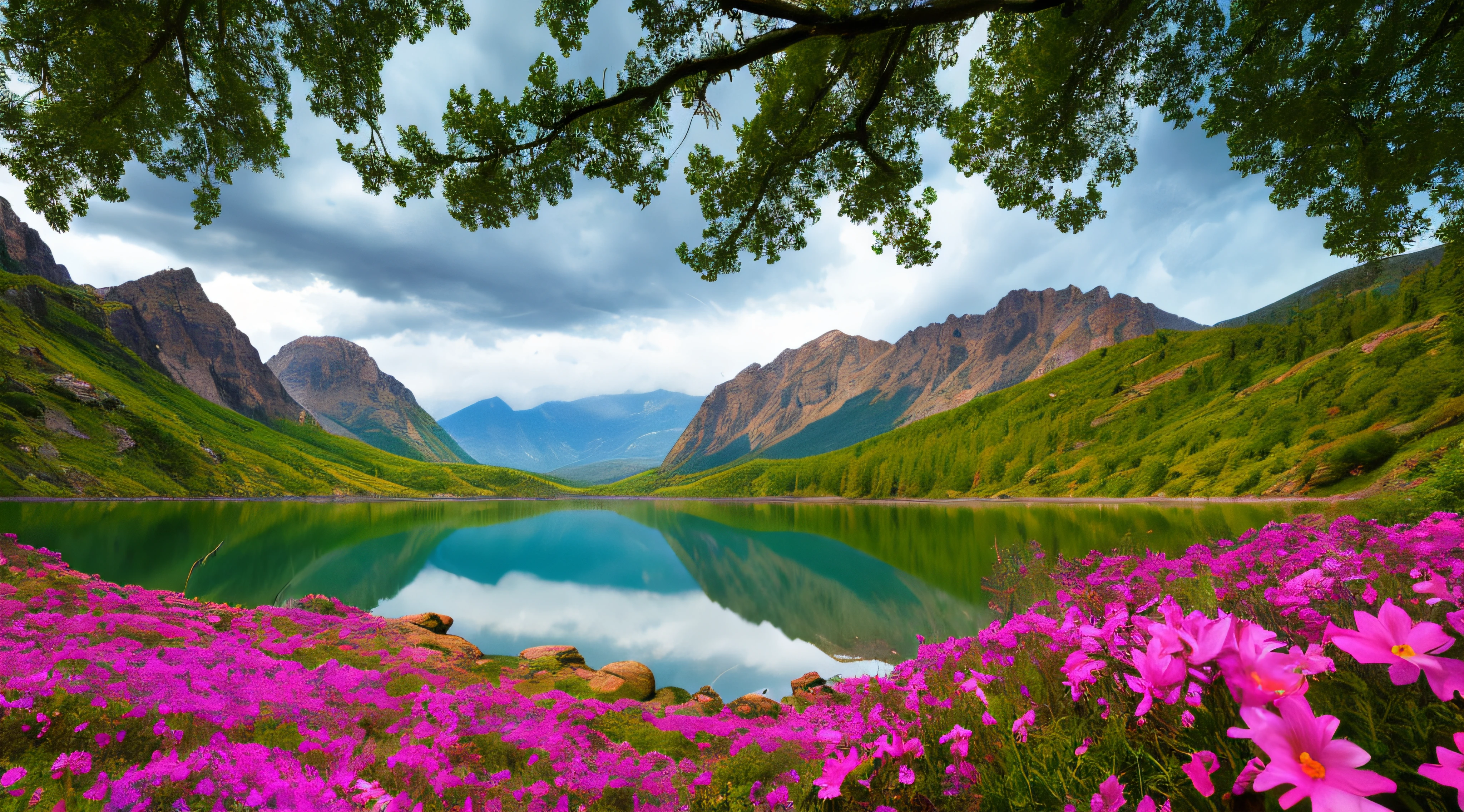 magical, landscape, mysterious, luminous, dreary, complex, bloom, dreary. expansive, Magnificent, god rays, storm, lightning, mountains, valley, boulders, trees, flowers, lake