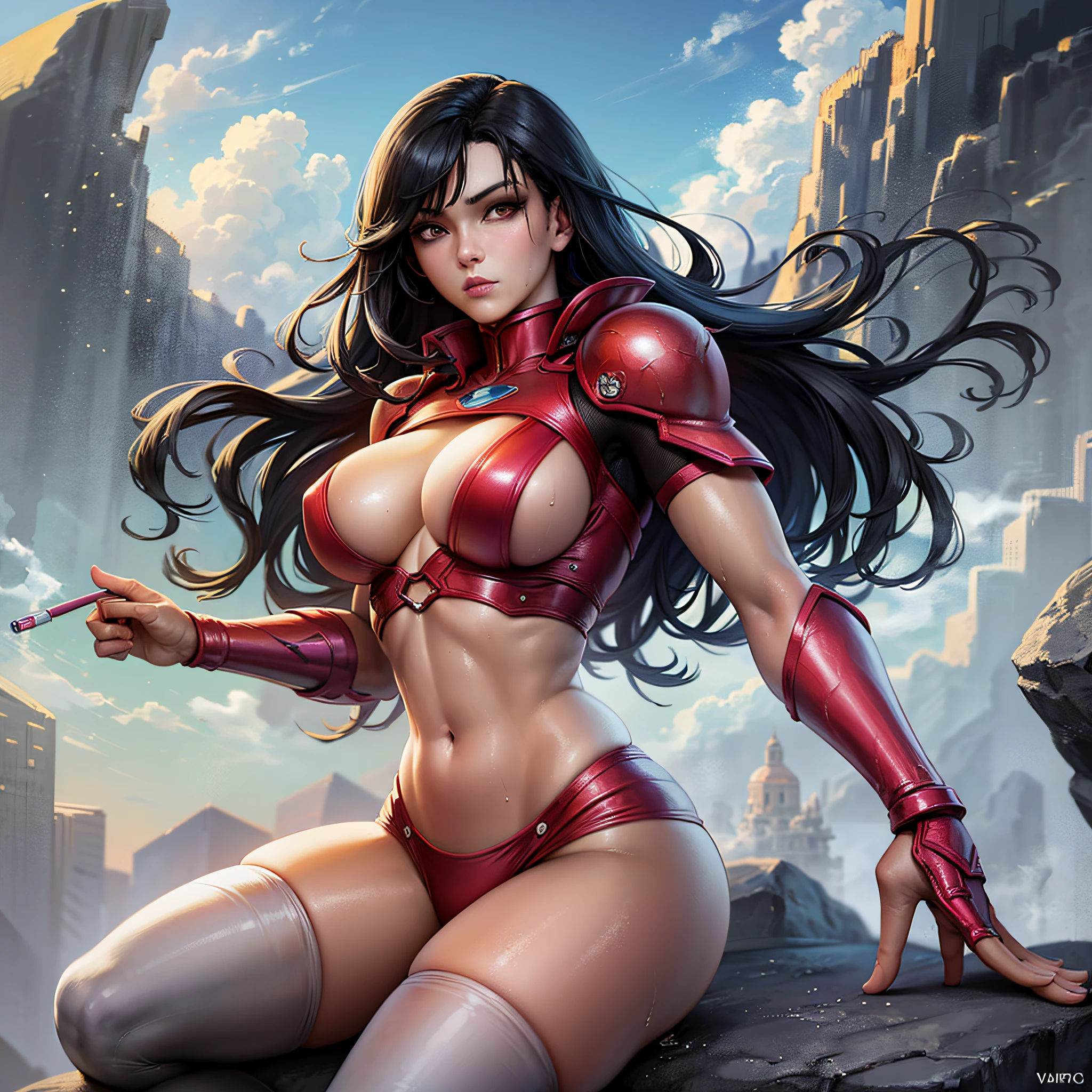 A closeup iron woman standing on a rock, extremely detailed artgerm, artgerm comic, using yellow and red alloy, (using, ((vaporous:1.2) (transparent:1.2) (white: 0.6) (chiffon) (crop top) grasped (wet: 1.4) skin): 1.2)))), floating