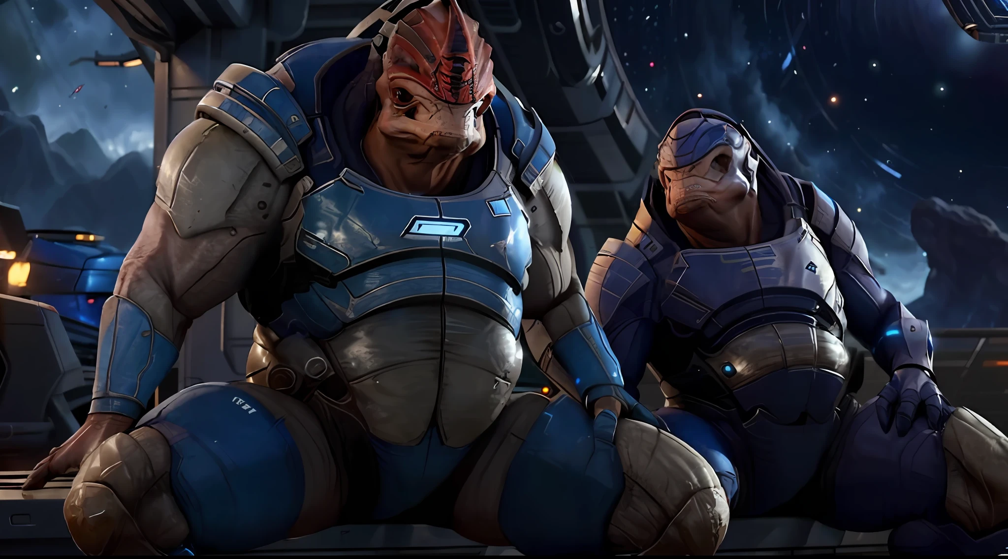 a Krogan from Mass Effect Andromeda, sweating profusely, fully , overweight,musclegut detailed, NSFW,alien, laying seductively, flirt,insectoid body, sweating,in public,flirt, wet underwear,3 person group, anthro,sauna,public high resolution