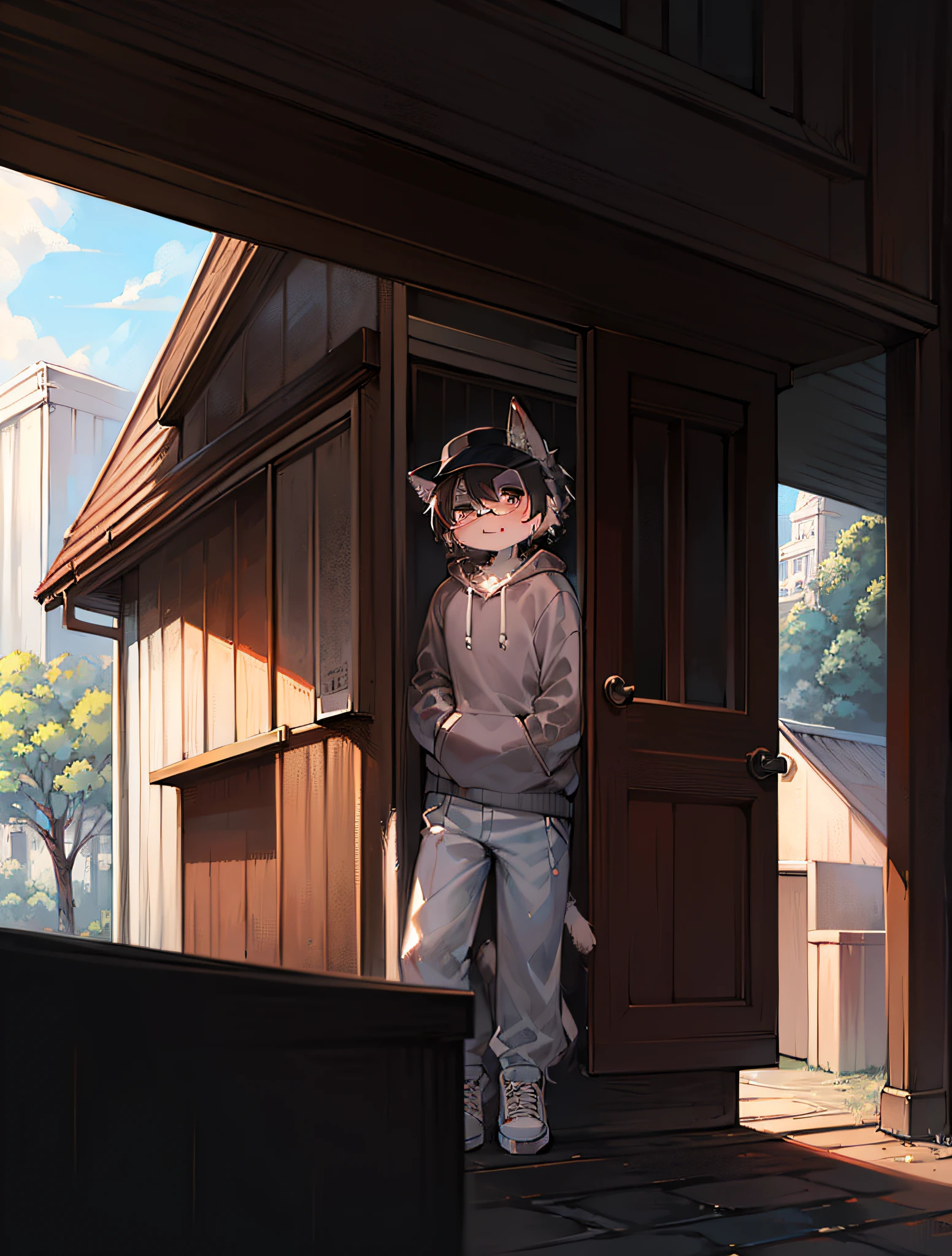 Masterpiece,highs quality,abstract res,Digital painting\(piece of art\), By Dagasi, Yupa,Kiyosan,(anthro,Fluffy fur,Character focus:1.1),anthro male cat,Short hair,portrait , Bright eyes, Panoramic View, Character focus.(Detailed background:0.7), solo, shaggy, Hairy male, Male focus, anthr,(Full body fur, Fluffy tail, Black and white fur, Black eyes, Black and white hair:1.2), (Long felines、White sweatshirt、White trousers、eyeglasses、headset、headwear、White shoes：1.2），（exterior、During the Day、park：1.1）