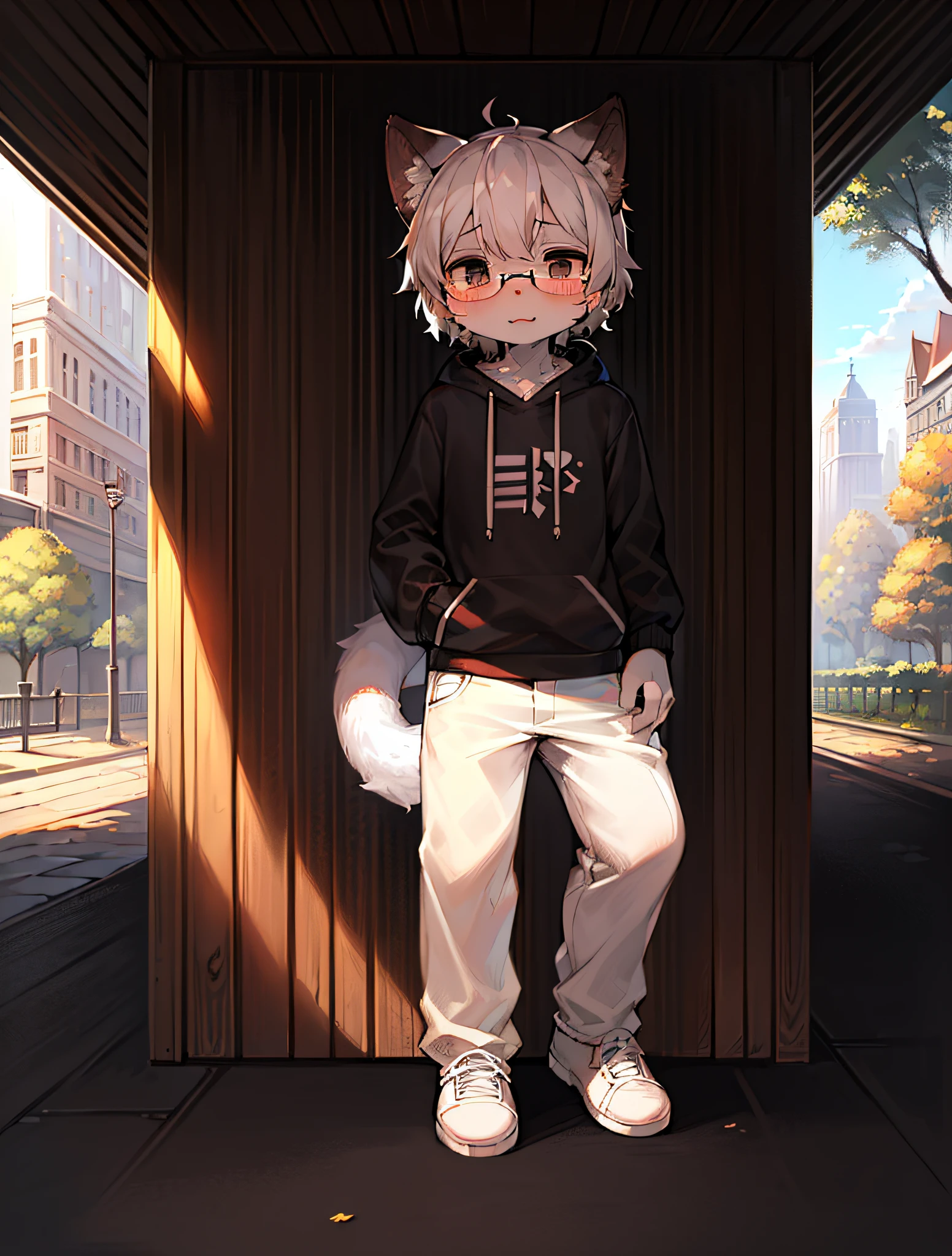 Masterpiece,highs quality,abstract res,Digital painting\(piece of art\), By Dagasi, Yupa,Kiyosan,(anthro,Fluffy fur,Character focus:1.1),anthro male cat,Short hair,portrait , Bright eyes, Panoramic View, Character focus.(Detailed background:0.7), solo, shaggy, Hairy male, Male focus, anthr,(Full body fur, Fluffy tail, Black and white fur, Black eyes, Black and white hair:1.2), (Long felines、White sweatshirt、White trousers、eyeglasses、headset、headwear、White shoes:1.2),(exterior、During the Day、park:1.1)