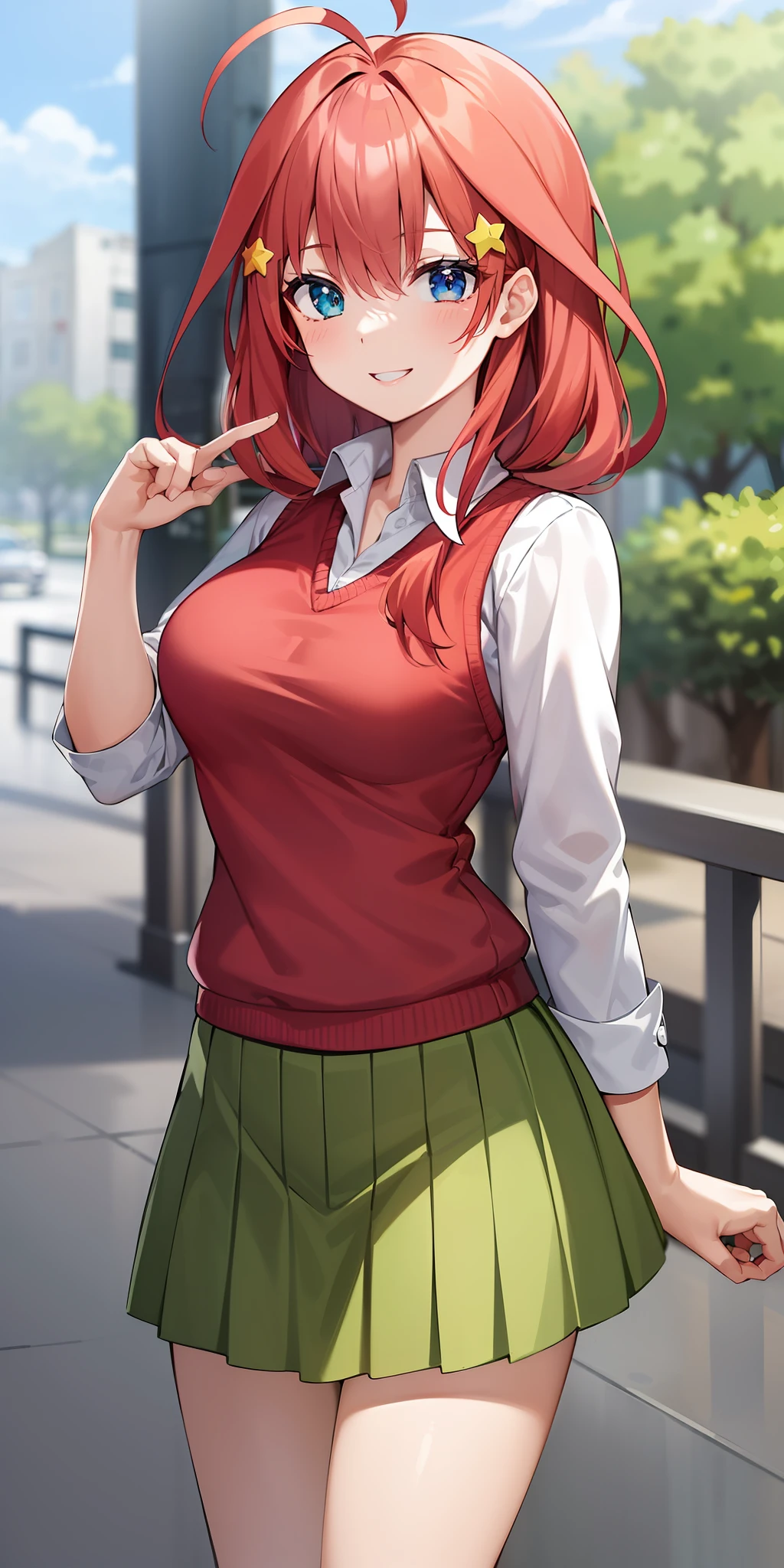 2d, masterpiece, best quality, anime, highly detailed, 1girl, solo, cowboy shot, nakano itsuki, red hair, long hair, star hair ornament, ahoge, red sweater, collared shirt, green skirt, miniskirt, medium breasts, standing, school, outdoors, smile