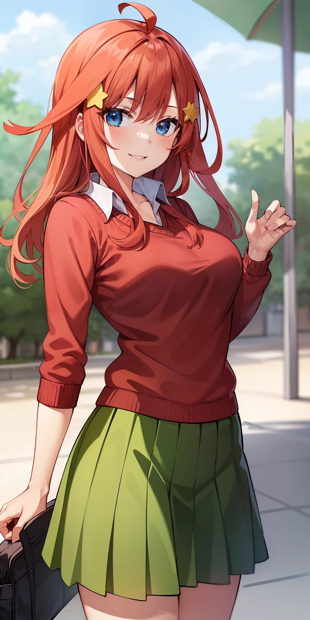 2d, masterpiece, best quality, anime, highly detailed, 1girl, solo, cowboy shot, nakano itsuki, red hair, long hair, star hair ornament, ahoge, red sweater, collared shirt, green skirt, miniskirt, medium breasts, standing, school, outdoors, smile