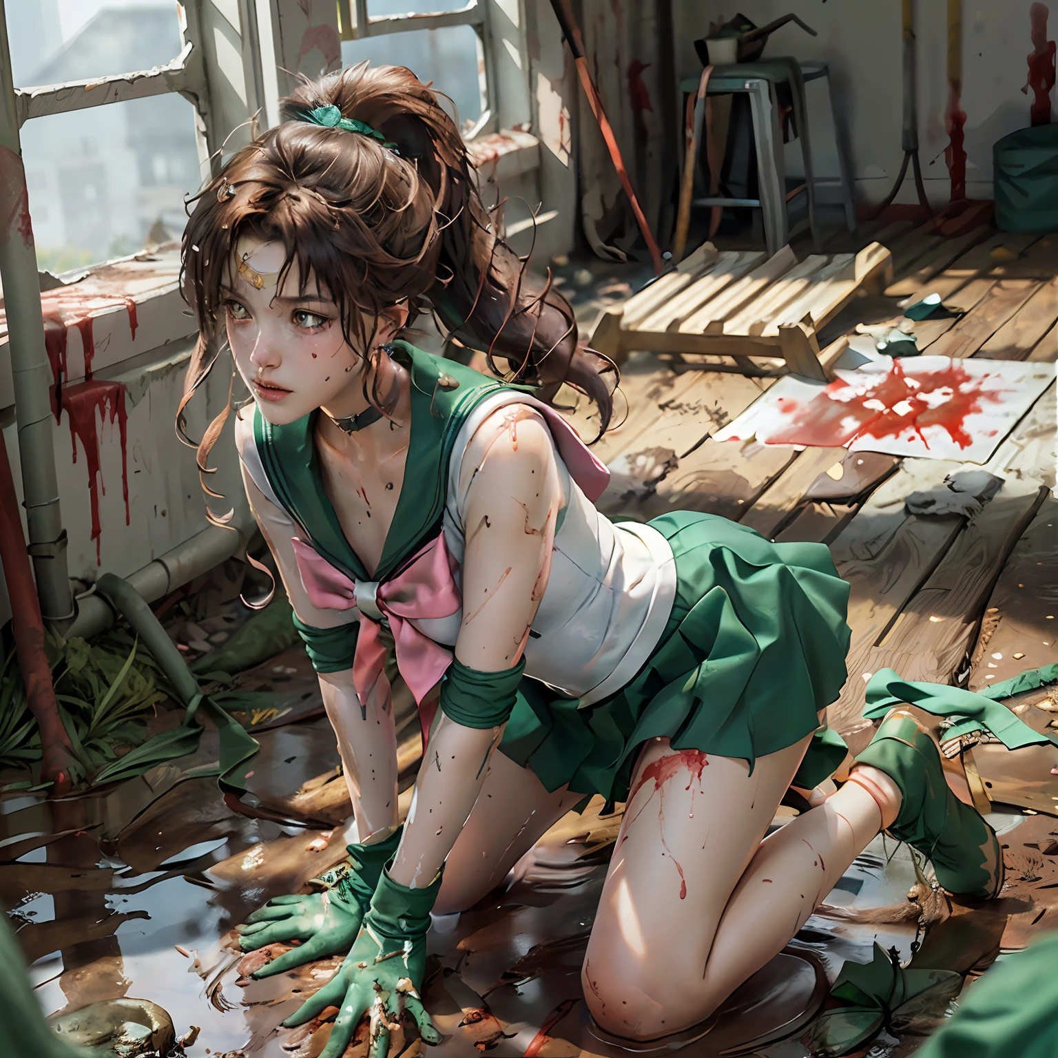 (Masterpiece), (RAW photo, best quality), Ultra High Definition, Professional Artwork, Ultra Detailed, Complex, Detailed Face, Perfect Lighting, (1 Girl, Solo: 1.2), Chest, Gloves, Lips, Solo, (Sailor Moon: 2.1) ((Makoto Kino / Sailor Crystal, Sailor Jupiter), SM Uniform, Tiara, Sailor Senshi Uniform, Absurd, Sexy, SM Jupiter, SM Jupiter Costume, Green Sailor Color, Sailor Senshi Uniform, Ponytail, Choker, White Gloves, Green Choker, Elbow Gloves, Jewelry, Earrings, Brown Hair, Pleated Skirt, Green Skirt, Green Short Boots, Pink Bow, (Perfect Hand): 3.8, (perfect_anatomy:1.2), Octane Rendering, (Crying, Weak and tired eyes, tears: 1.2), (bruises and blood stains on the face and body, blood flowing from the head and face, injuries and injuries to the body, wounds and cuts, bleeding lips: 1.2), (torn clothes, tattered clothes: 1.2), blood stains on clothes, (kneeling weakly: 1.2), (in an abandoned factory), disheveled hair, tired and weak face, (perfect body, perfect, perfect thighs), wet body, sweaty body, ((muddy feet, muddy skin, Bloody skin: 1.2)), (film lighting), soft lighting, complex and cinematic appearance, cinematic lighting, dynamic angles