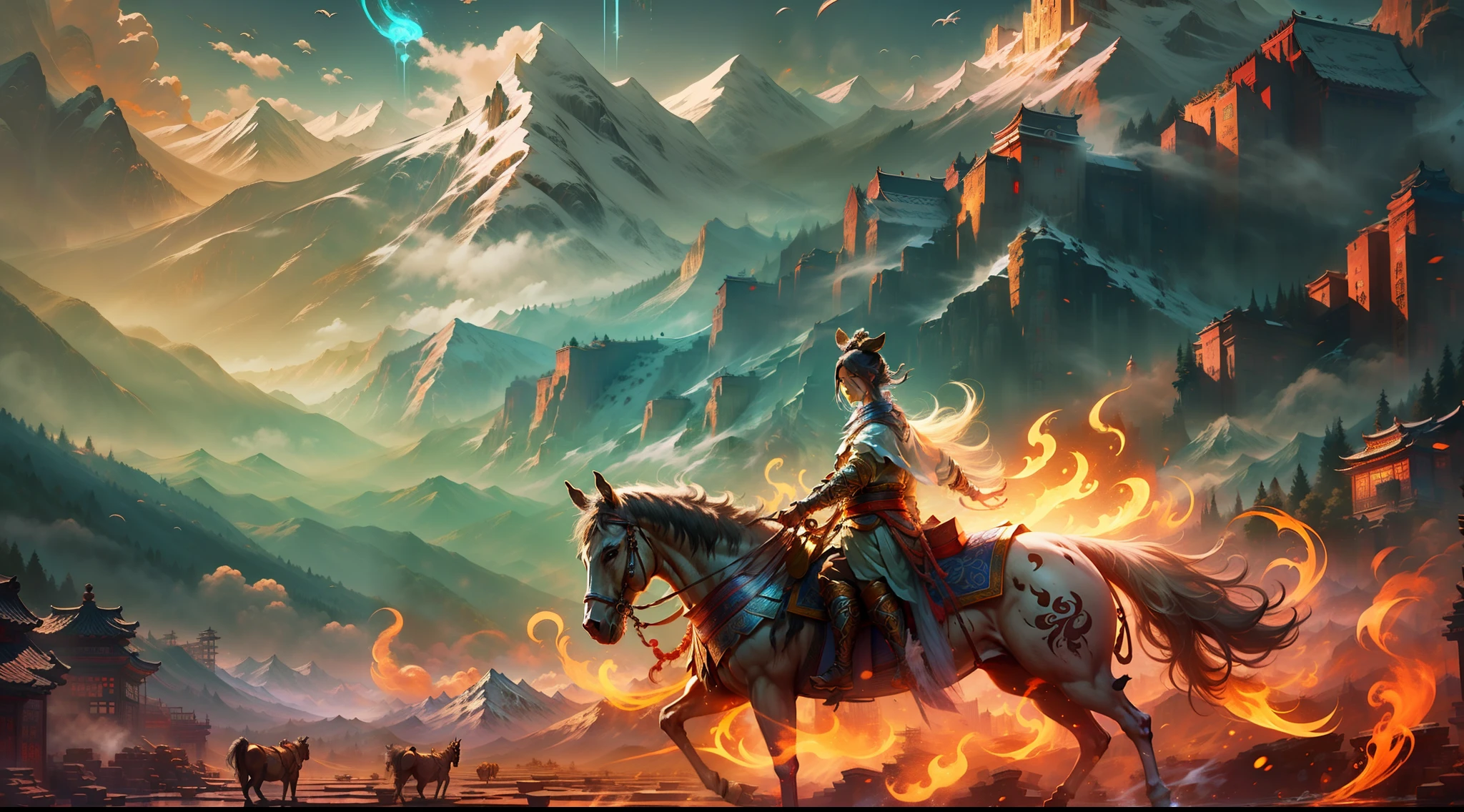 Create character to illustrate Taoist story of ancient wisdom. The character is a farmer and his horse, old farmer, wise farmer, farmer with face marked by time and hard work, strong horse, beautiful horse, only 1 horse, the scenery should portray ancient china, image with strong contrast, mountains in the background, mists to give an air of mystery and wisdom, very beautiful landscape
