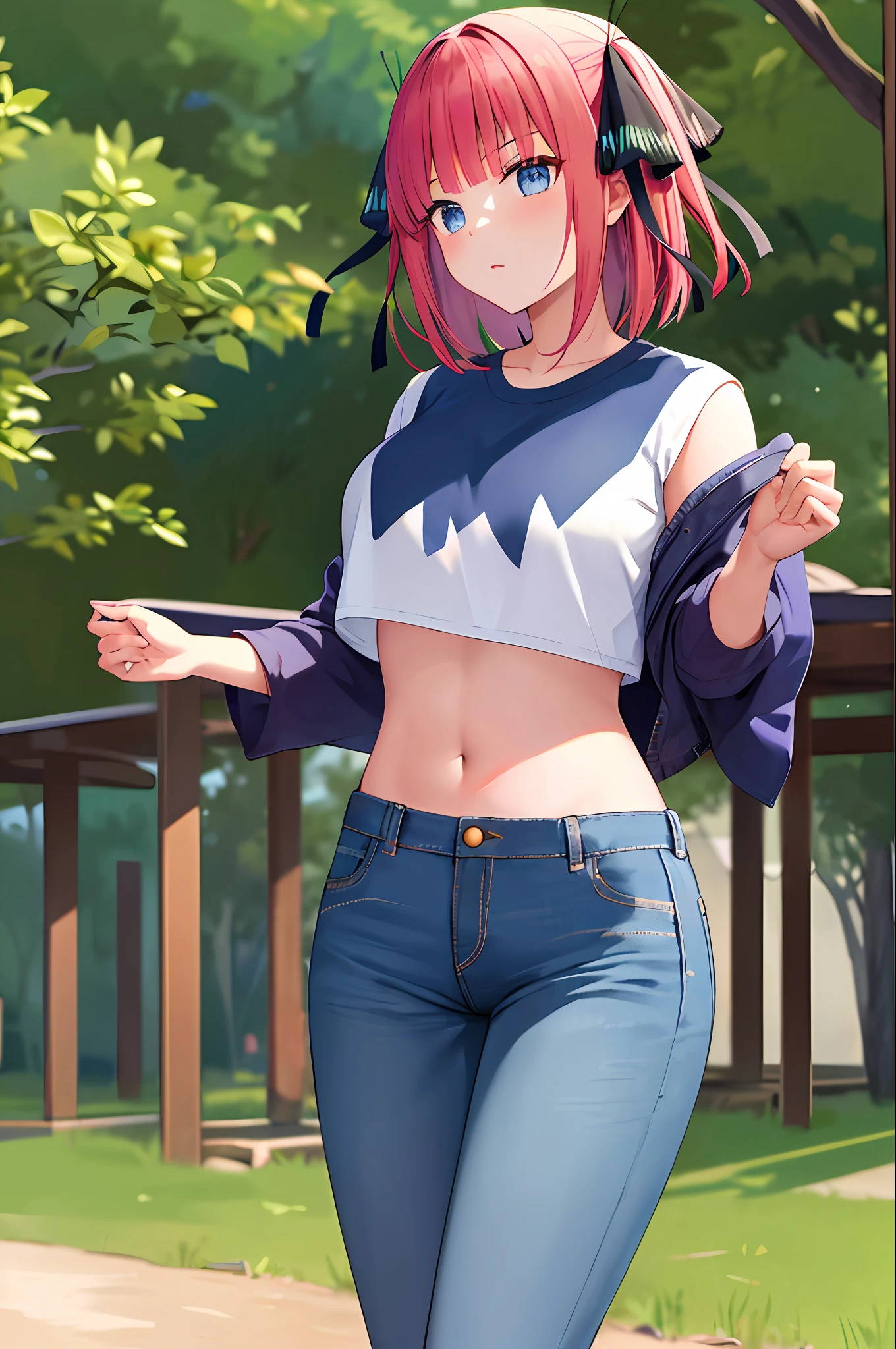 masterpiece, best quality, highres, nn1, 1girl, hair ribbon, short hair, jean, crop top, cowboy shot, standing, outdoors,