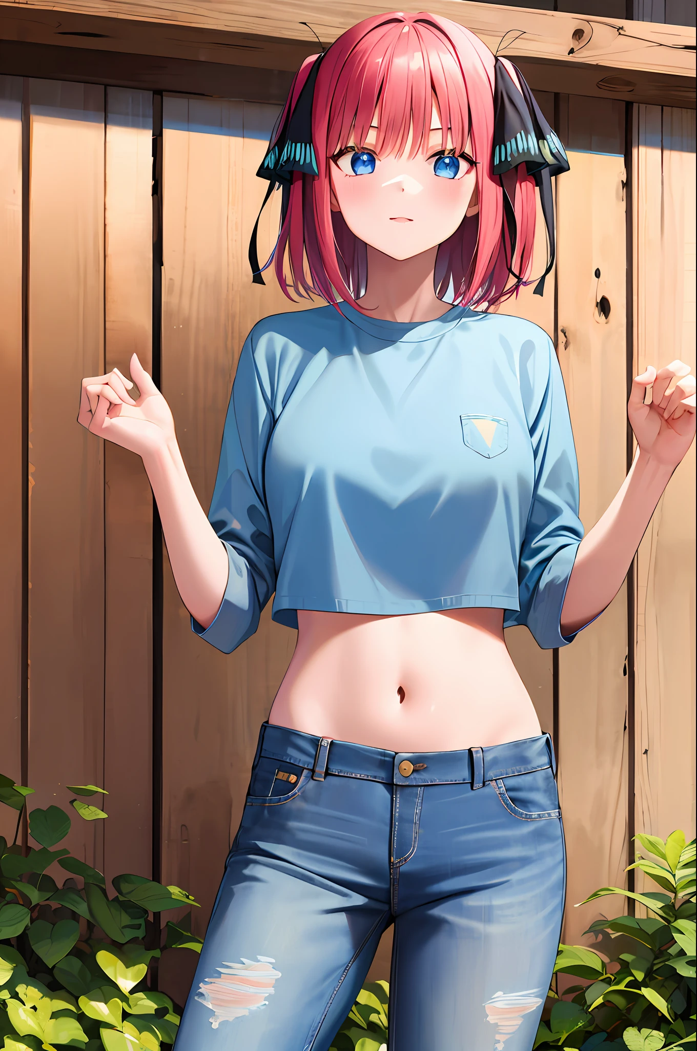 masterpiece, best quality, highres, nn1, 1girl, hair ribbon, short hair, jean, crop top, cowboy shot, standing, outdoors,