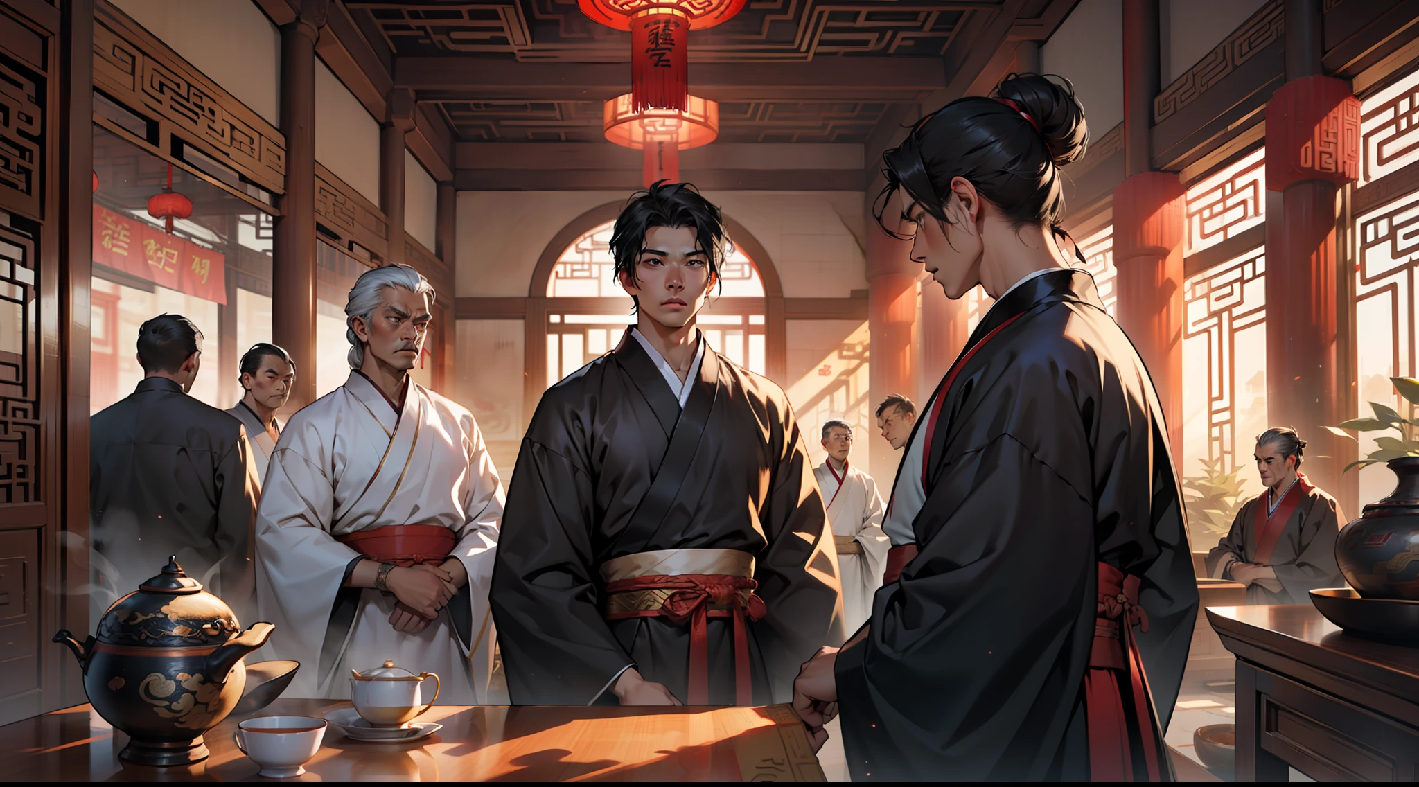 1, (Multiple individuals) Many middle-aged people in black attire and black hair Hanfu have a look of shock on their faces, staring intently ahead. (Background: Inside the sacred and magnificent ancient Chinese palace hall)