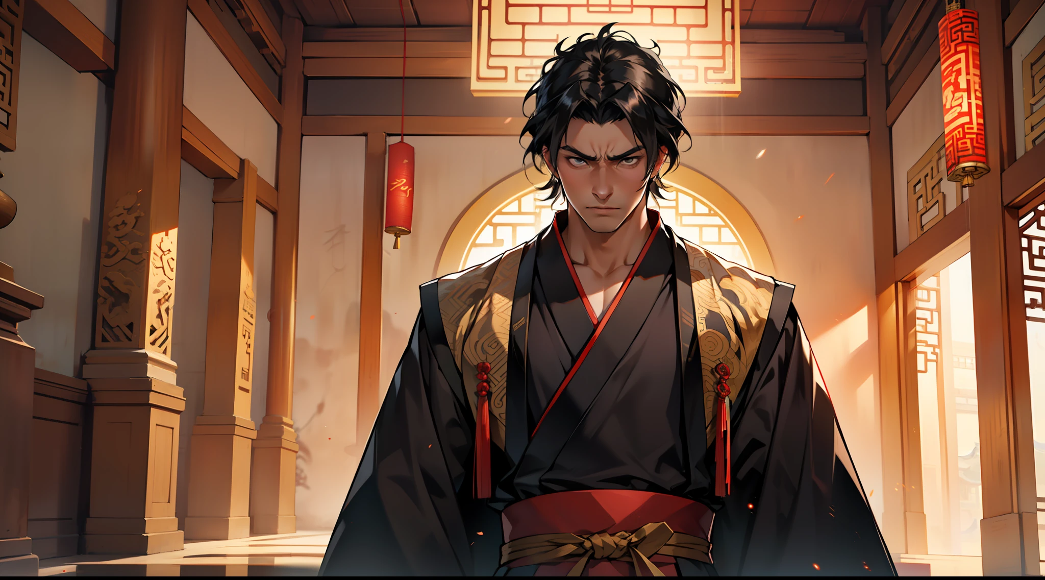 2, (1 person) The person in a black coat, black Hanfu attire, black hair, exudes a kingly air, looking gorgeous, handsome, and with an outstanding temperament, his expression turns extremely unpleasant. (Background: Inside the sacred and magnificent ancient Chinese palace hall)