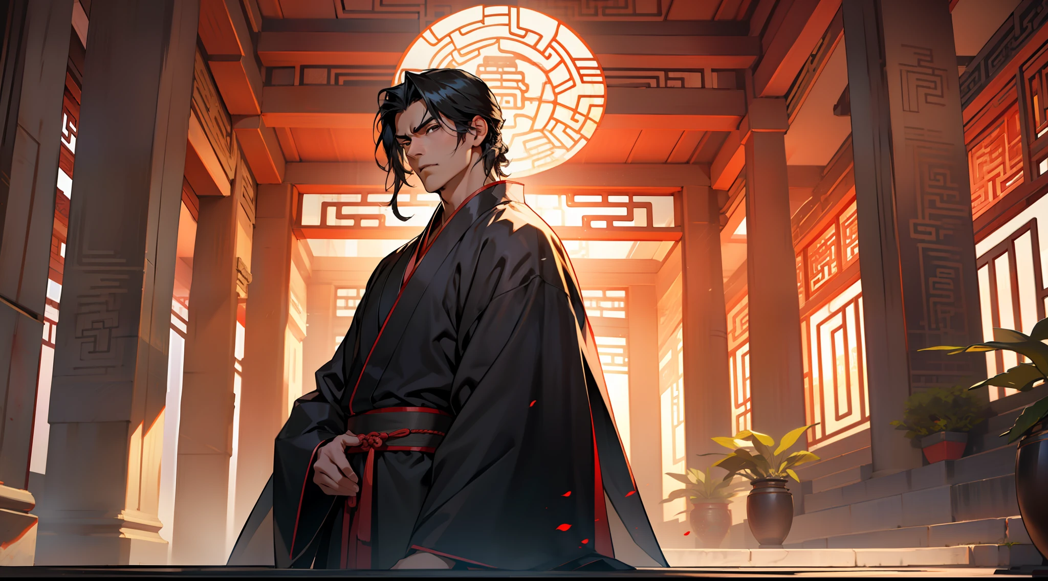 2, (1 person) The person in a black coat, black Hanfu attire, black hair, exudes a kingly air, looking gorgeous, handsome, and with an outstanding temperament, his expression turns extremely unpleasant. (Background: Inside the sacred and magnificent ancient Chinese palace hall)