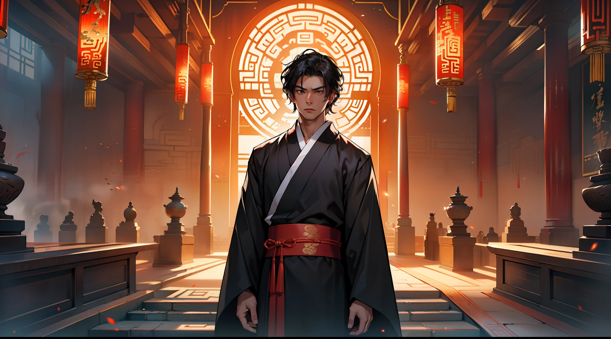 3, (1 person) The person in a black coat, black Hanfu attire, black hair, exudes a kingly air, looking gorgeous, handsome, and with an outstanding temperament, is powerless, watching helplessly. (Background: Inside the sacred and magnificent ancient Chinese palace hall)