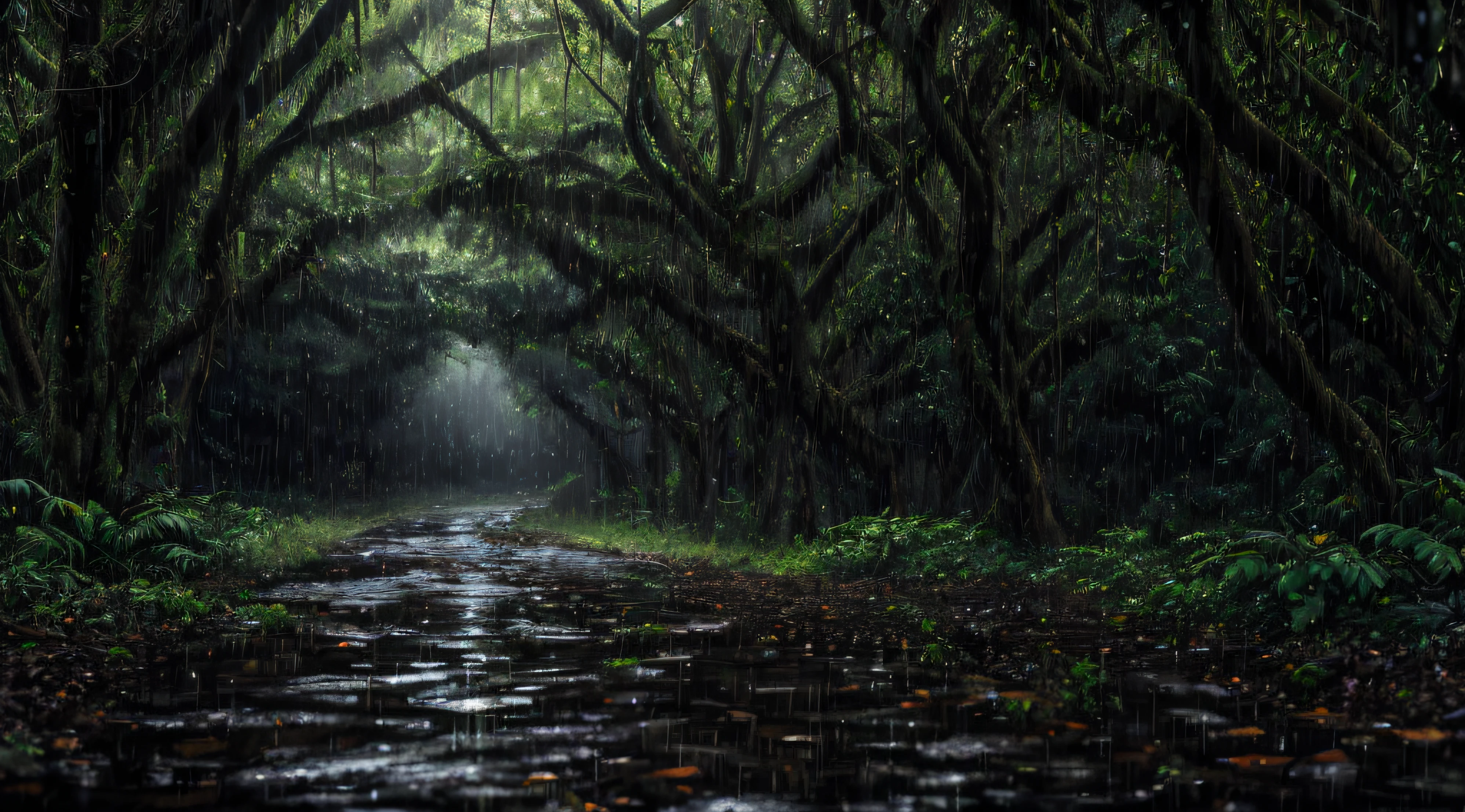 A jungle, with intense rainfall, monochromatic, vines all around, giant and wet trees, masterpiece, best quality, high quality, award winning photography, Bokeh, Depth of Field, HDR, bloom, Chromatic Aberration ,Photorealistic, extremely detailed, volumetric lighting --auto