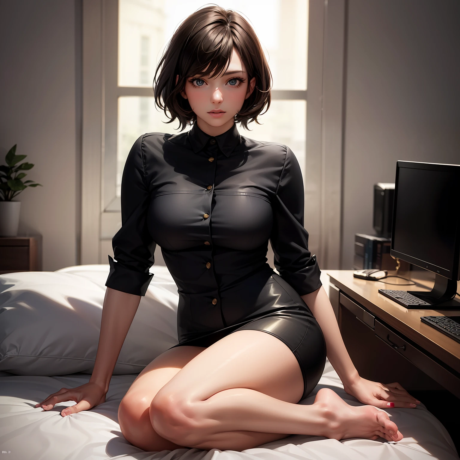 (masterpiece:1.3), (8k, photorealistic, RAW photo, best quality: 1.4), (1girl), (solo:1.5), beautiful face, (realistic face), (black hair, short hair:1.3), Nice hairstyle，Realistic Eyes，Nice detail eyes，blue eyes, green eyes,（Realistic Skin）detailed skin, ，Beautiful Skin, office lady，Ridiculous，attractive，Ultra high Resolution，an ultra realistic，RAWExtremely detailed，golden proportions，(full body photos:1.2)