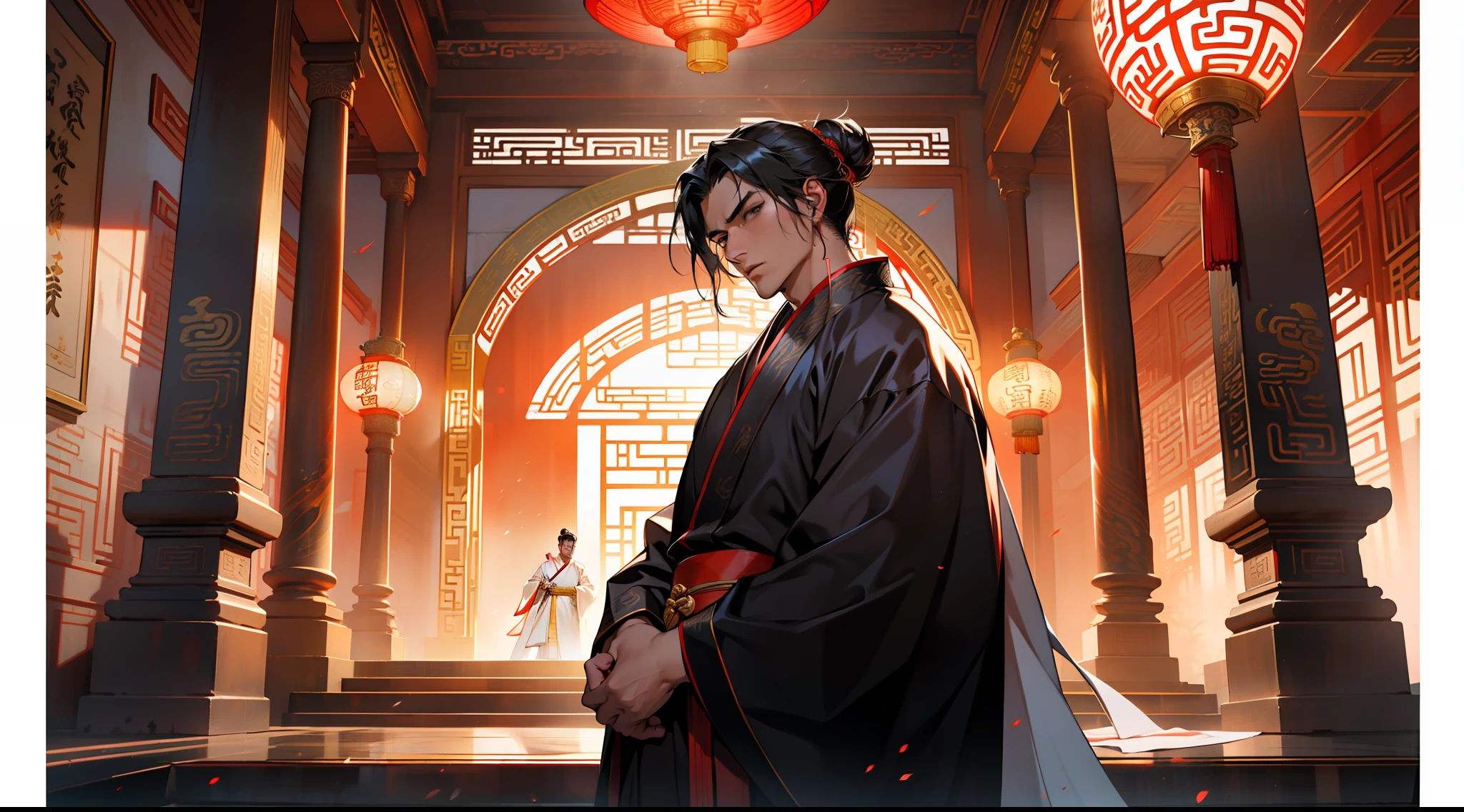 3, (1 person) The person in a black coat, black Hanfu attire, black hair, exudes a kingly air, looking gorgeous, handsome, and with an outstanding temperament, is powerless, watching helplessly. (Background: Inside the sacred and magnificent ancient Chinese palace hall)