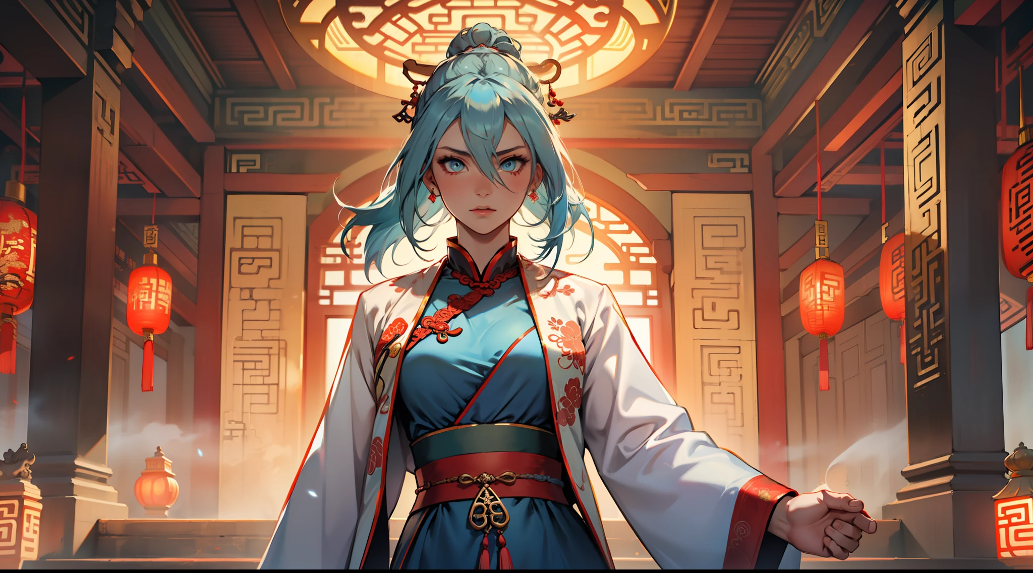 4, (1 person) The young woman with blue eyes, long blue hair, wearing a light blue dress with a white light gauze jacket, graceful and dignified, is shocked, a coldness flickers in her eyes. (Background: Inside the sacred and magnificent ancient Chinese palace hall)