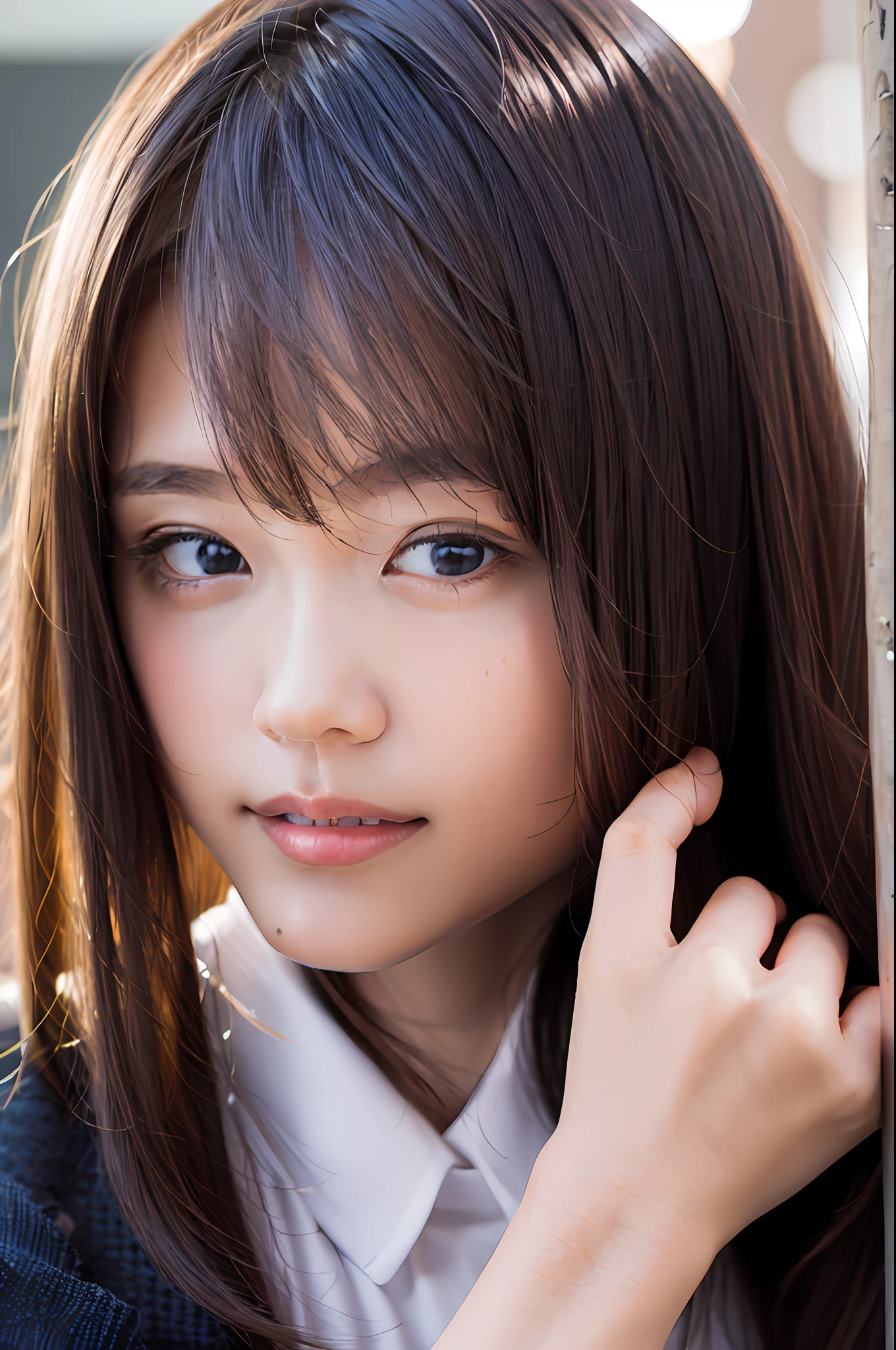 (8K、RAW Photography、best-quality、master masterpiece:1.2)、(Real、photo-realistic:1.37)、ultra- detailed、hyper high resolution、1 girl、Watch the viewer、Beautiful detailed face、smilling face、Constriction、(slim waist) :1.3)、shirt、Beautiful detailed skin、Skin texture、Floating hair、Professional lighting、photograph、cuddly、 highest、 sea。