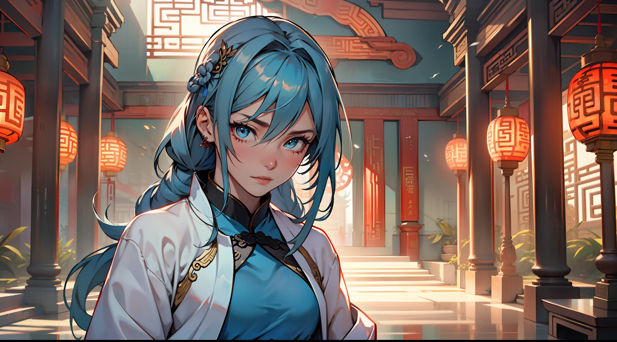 4, (1 person) The young woman with blue eyes, long blue hair, wearing a light blue dress with a white light gauze jacket, graceful and dignified, is shocked, a coldness flickers in her eyes. (Background: Inside the sacred and magnificent ancient Chinese palace hall)