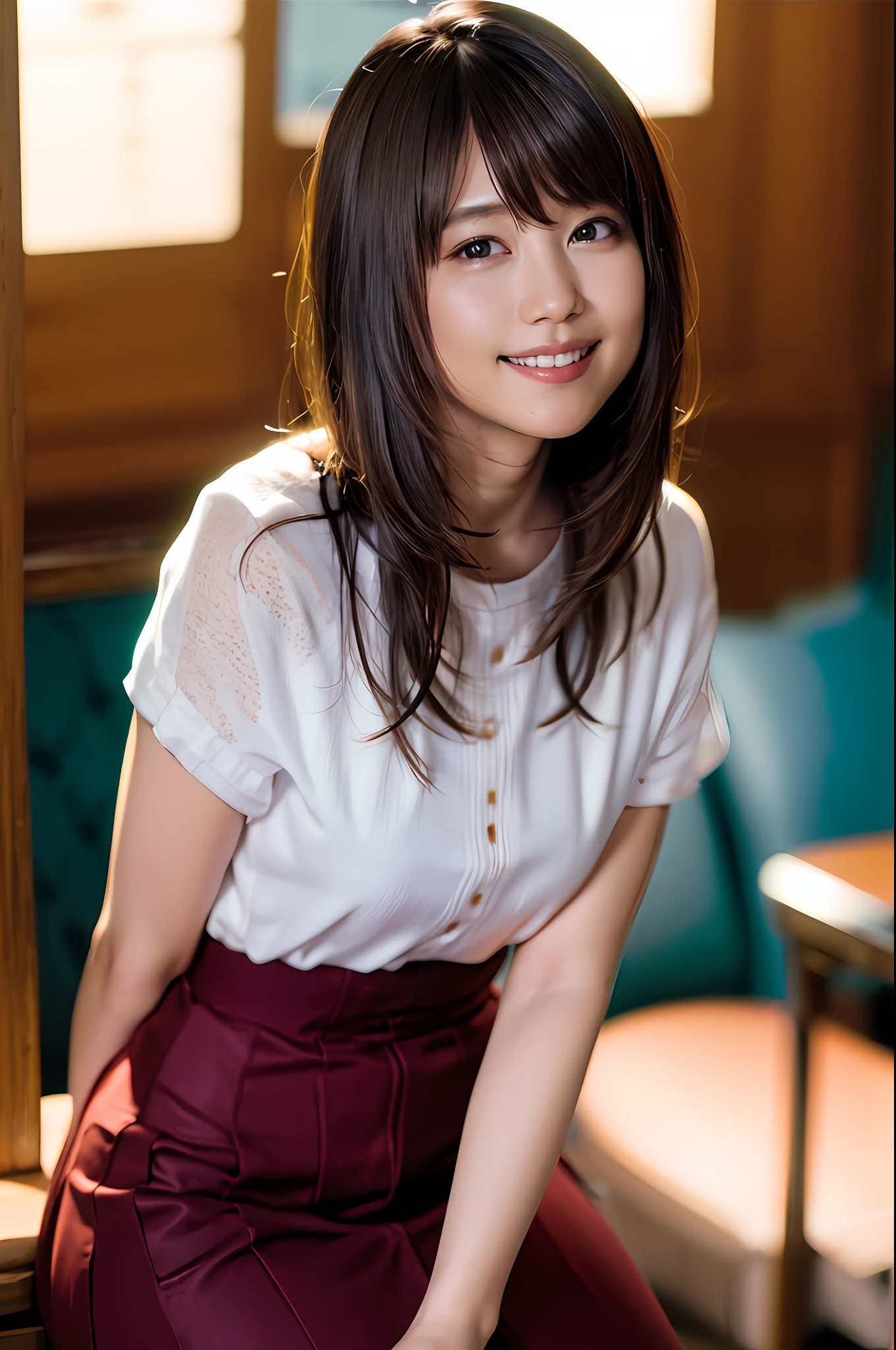 (8K、RAW Photography、best-quality、master masterpiece:1.2)、(Real、photo-realistic:1.37)、ultra- detailed、hyper high resolution、1 girl、Watch the viewer、Beautiful detailed face、smilling face、Constriction、(slim waist) :1.3)、shirt、Beautiful detailed skin、Skin texture、Floating hair、Professional lighting、photograph、cuddly、 highest、 sea。