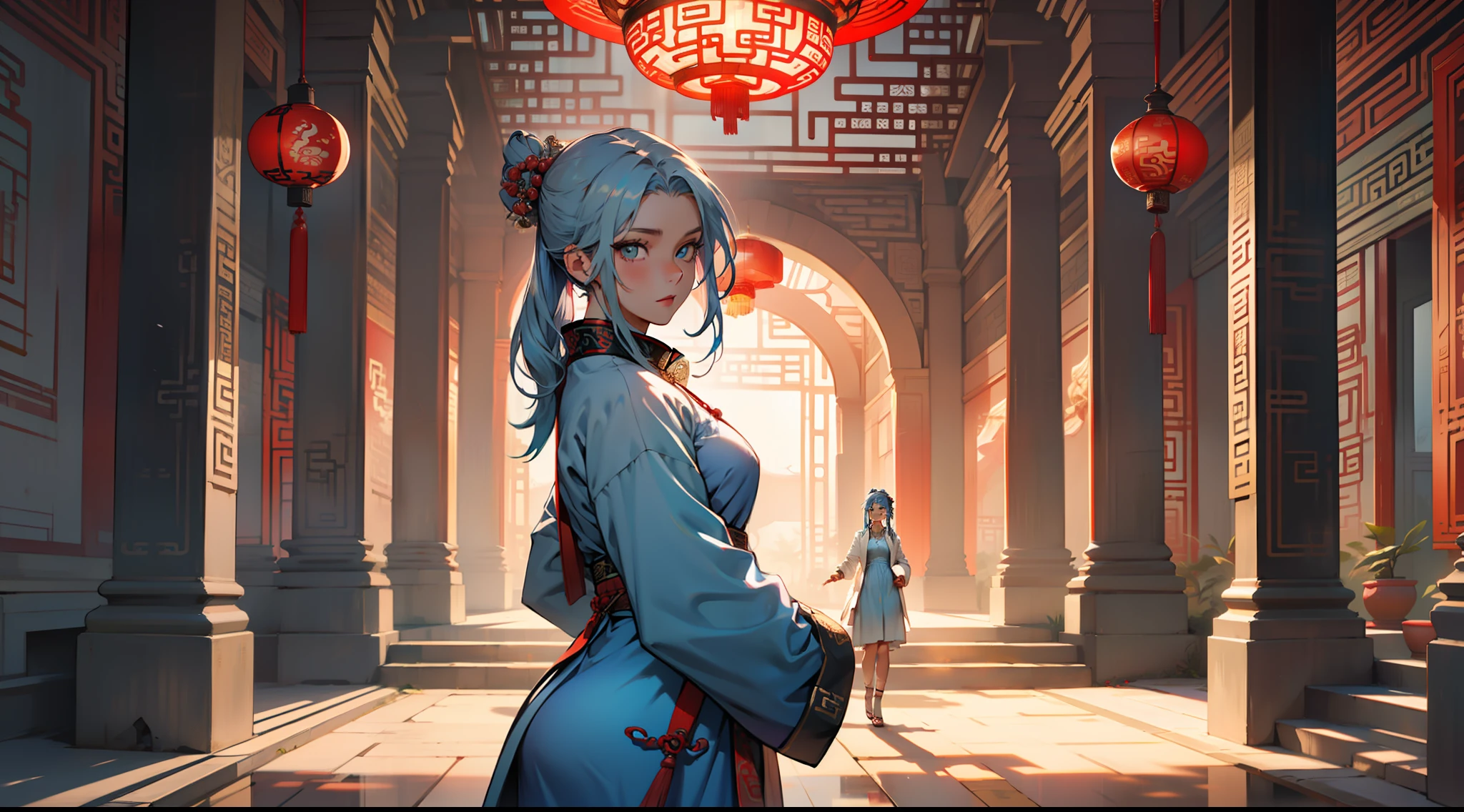 4, (1 person) The young woman with blue eyes, long blue hair, wearing a light blue dress with a white light gauze jacket, graceful and dignified, is shocked, a coldness flickers in her eyes. (Background: Inside the sacred and magnificent ancient Chinese palace hall)