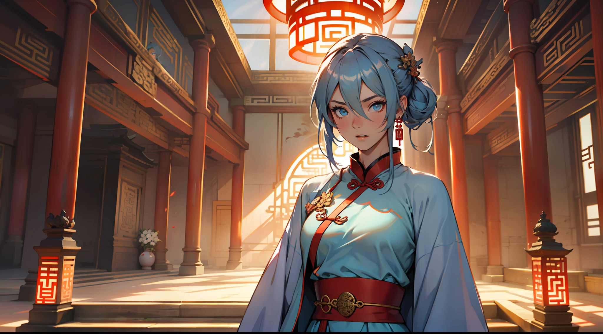 4, (1 person) The young woman with blue eyes, long blue hair, wearing a light blue dress with a white light gauze jacket, graceful and dignified, is shocked, a coldness flickers in her eyes. (Background: Inside the sacred and magnificent ancient Chinese palace hall)