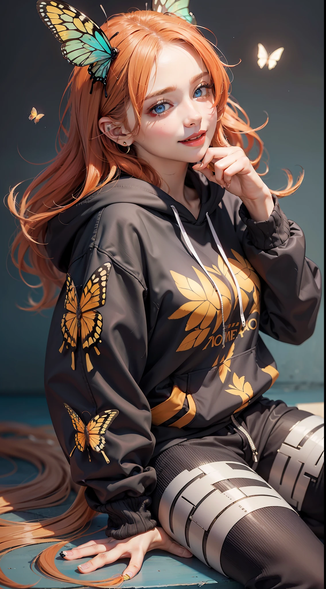 (Very detailed 8K wallpapers), medium shot, A girl with long orange hair, Blue eyes, in a voluminous hoodie, voluminous pants, cute. A beautiful butterfly sits on her nose, the girl is surprised and smiles. The girl looks , intricated, high detailed, dramatic