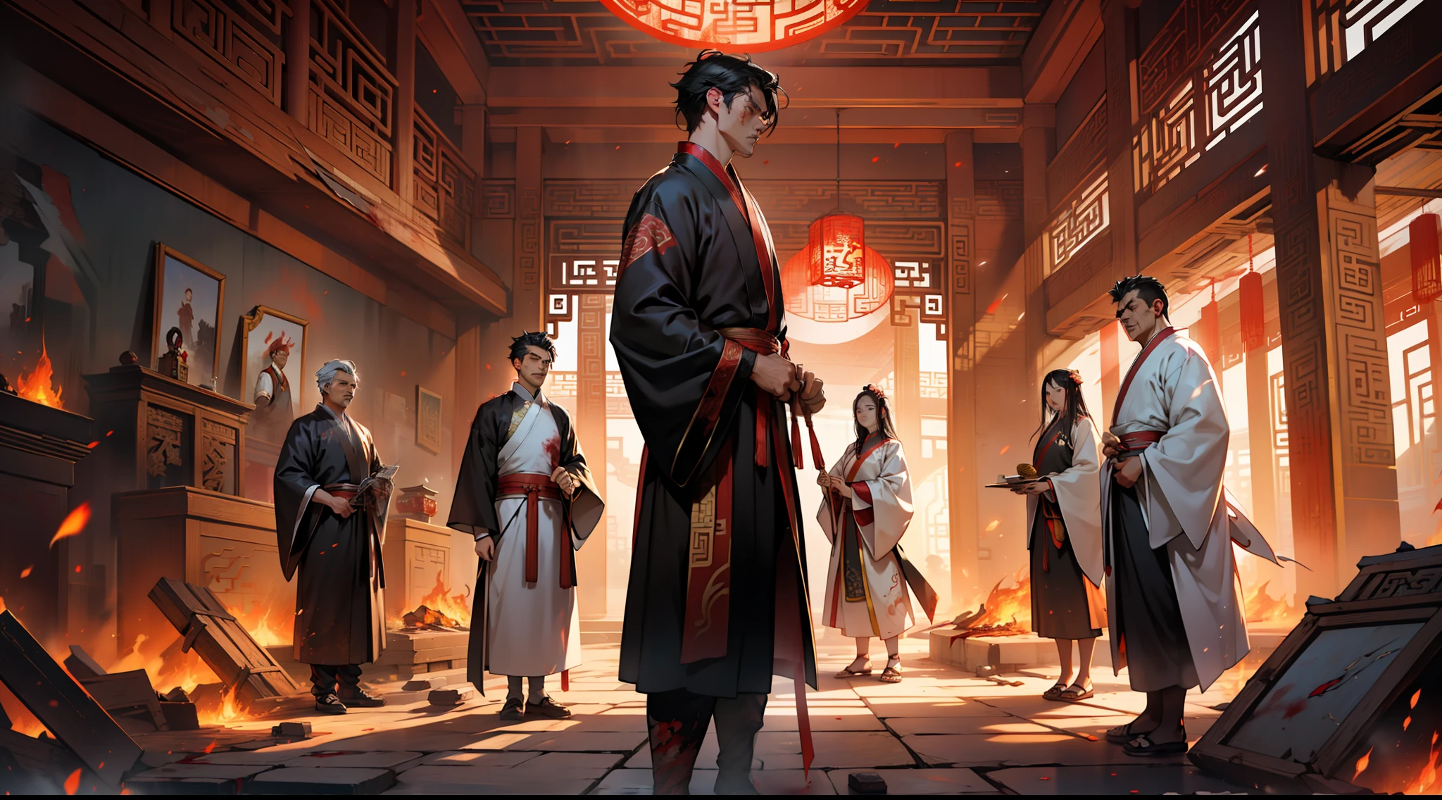 5, (Multiple individuals) Many middle-aged people in black attire and black hair Hanfu fall into panic, surrounded by blood, flames, and shattered buildings. (Background: Inside the sacred and magnificent ancient Chinese palace hall)