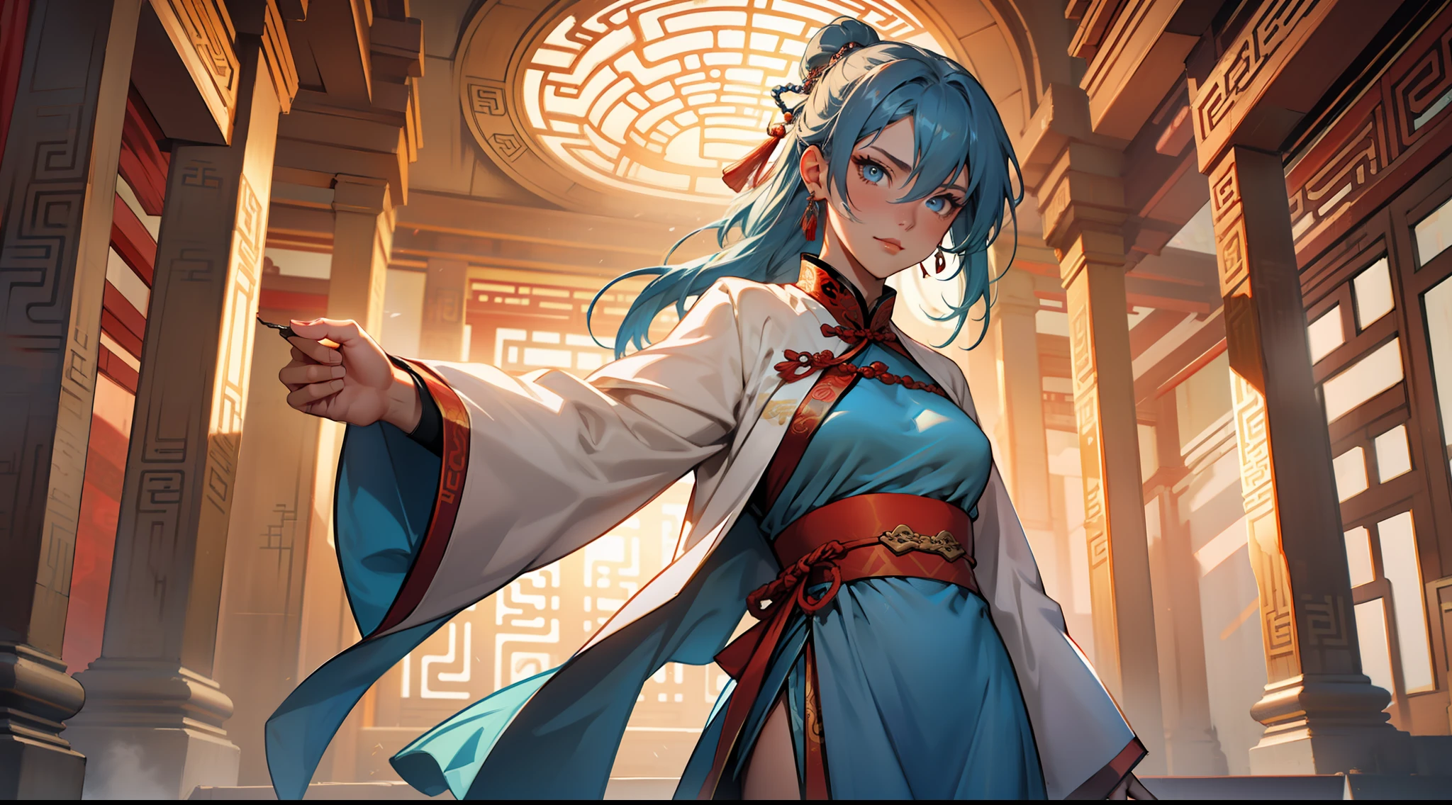 6, (1 person) The young woman with blue eyes, long blue hair, wearing a light blue dress with a white light gauze jacket, graceful and dignified, a coldness flickers in her eyes, but she dares not show it. (Background: Inside the sacred and magnificent ancient Chinese palace hall)