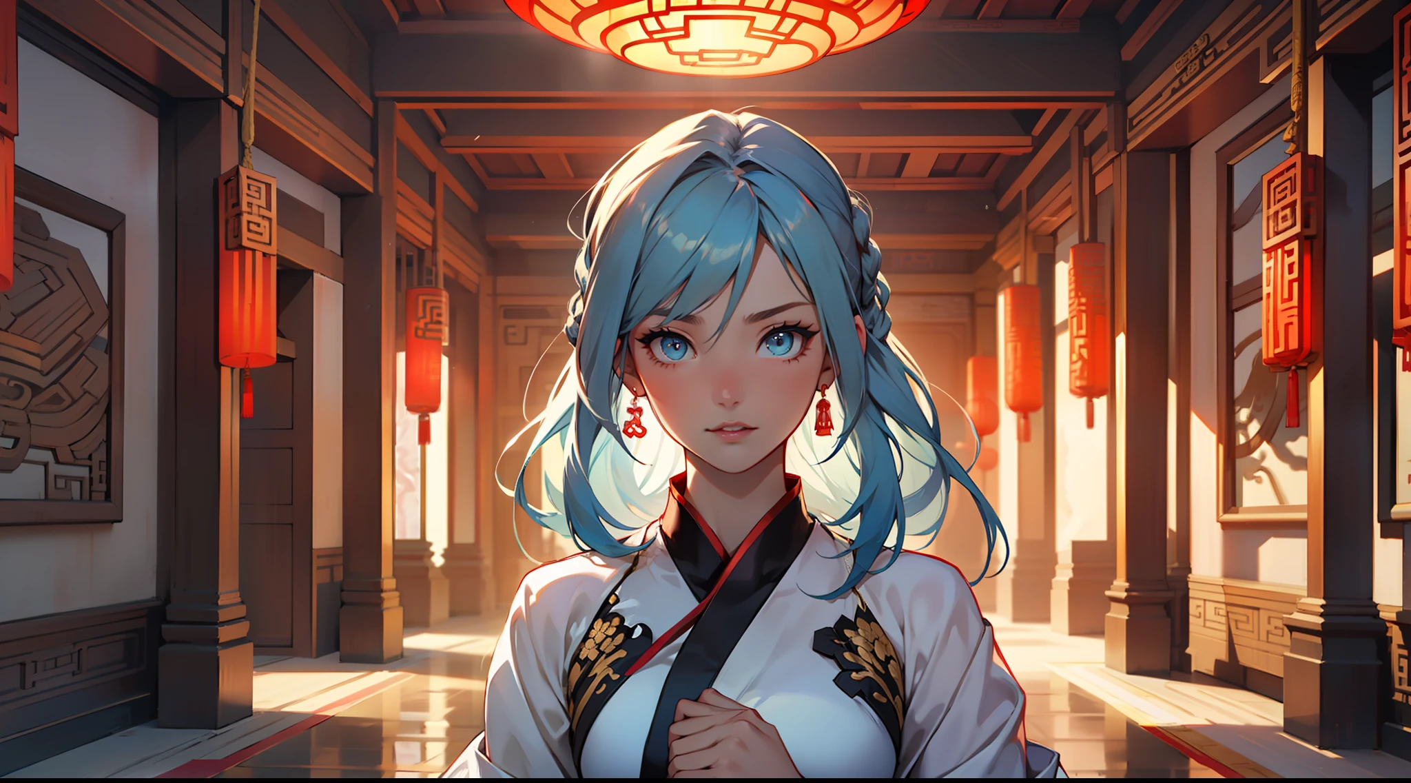 6, (1 person) The young woman with blue eyes, long blue hair, wearing a light blue dress with a white light gauze jacket, graceful and dignified, a coldness flickers in her eyes, but she dares not show it. (Background: Inside the sacred and magnificent ancient Chinese palace hall)
