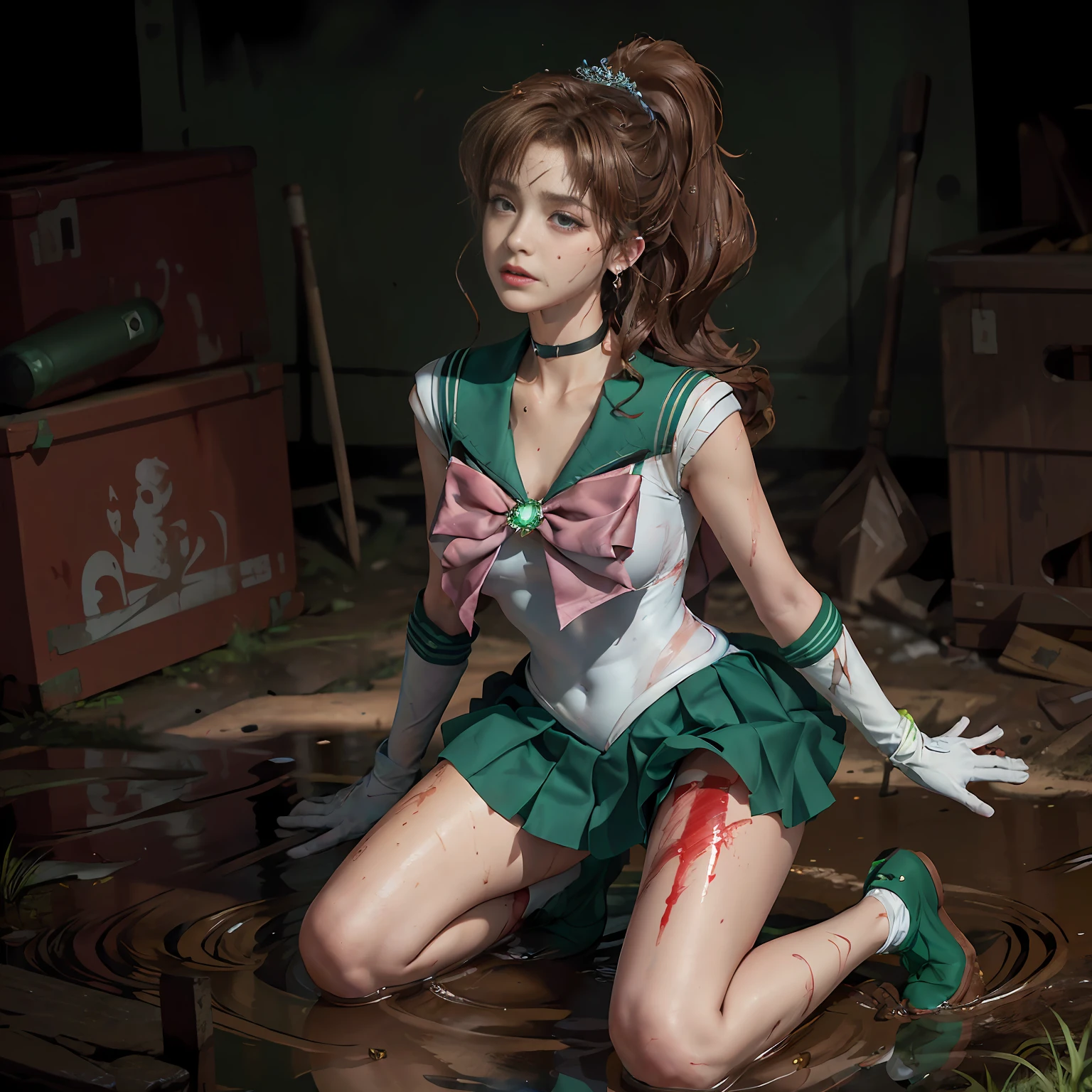 (Masterpiece), (RAW photo, best quality), Ultra High Definition, Professional Artwork, Ultra Detailed, Complex, Detailed Face, Perfect Lighting, (1 Girl, Solo: 1.2), Chest, Gloves, Lips, Solo, (Sailor Moon: 2.1) ((Makoto Kino / Sailor Crystal, Sailor Jupiter), SM Uniform, Tiara, Sailor Senshi Uniform, Absurd, Sexy, SM Jupiter, SM Jupiter Costume, Green Sailor Color, Sailor Senshi Uniform, Ponytail, Choker, White Gloves, Green Choker, Elbow Gloves, Jewelry, Earrings, Brown Hair, Pleated Skirt, Green Skirt, Green Short Boots, Pink Bow, (Perfect Hand): 3.8, (perfect_anatomy:1.2), Octane Rendering, (Crying, Weak and tired eyes, tears: 1.2), (bruises and blood stains on the face and body, blood flowing from the head and face, injuries and injuries to the body, wounds and cuts, bleeding lips: 1.2), (torn clothes, tattered clothes: 1.2), blood stains on clothes, (kneeling weakly: 1.2), (in an abandoned factory), disheveled hair, tired and weak face, (perfect body, perfect, perfect thighs), wet body, sweaty body, ((muddy feet, muddy skin, Bloody skin: 1.2)), (film lighting), soft lighting, complex and cinematic appearance, cinematic lighting, dynamic angles