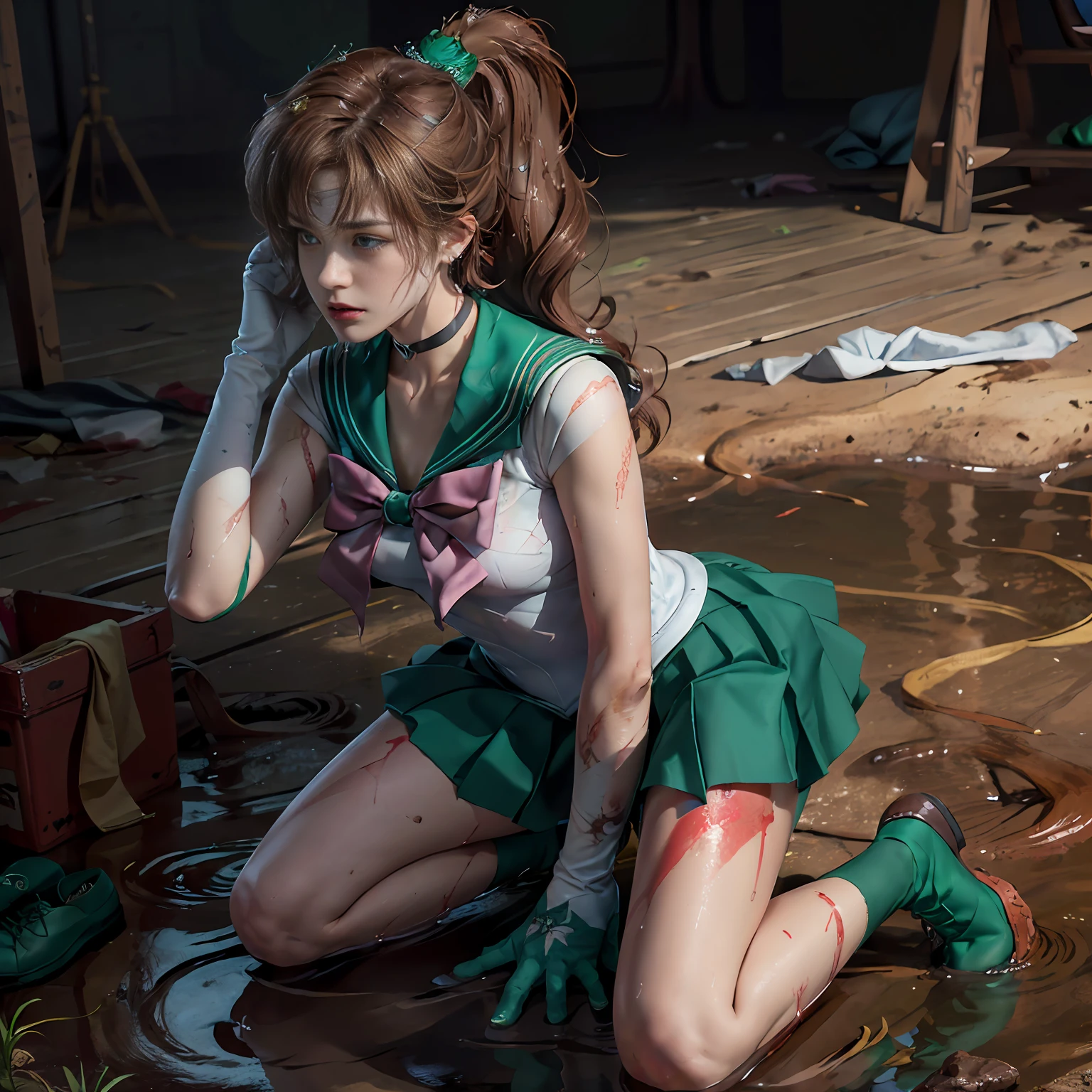(Masterpiece), (RAW photo, best quality), Ultra High Definition, Professional Artwork, Ultra Detailed, Complex, Detailed Face, Perfect Lighting, (1 Girl, Solo: 1.2), Chest, Gloves, Lips, Solo, (Sailor Moon: 2.1) ((Makoto Kino / Sailor Crystal, Sailor Jupiter), SM Uniform, Tiara, Sailor Senshi Uniform, Absurd, Sexy, SM Jupiter, SM Jupiter Costume, Green Sailor Color, Sailor Senshi Uniform, Ponytail, Choker, White Gloves, Green Choker, Elbow Gloves, Jewelry, Earrings, Brown Hair, Pleated Skirt, Green Skirt, Green Short Boots, Pink Bow, (Perfect Hand): 3.8, (perfect_anatomy:1.2), Octane Rendering, (Crying, Weak and tired eyes, tears: 1.2), (bruises and blood stains on the face and body, blood flowing from the head and face, injuries and injuries to the body, wounds and cuts, bleeding lips: 1.2), (torn clothes, tattered clothes: 1.2), blood stains on clothes, (kneeling weakly: 1.2), (in an abandoned factory), disheveled hair, tired and weak face, (perfect body, perfect, perfect thighs), wet body, sweaty body, ((muddy feet, muddy skin, Bloody skin: 1.2)), (film lighting), soft lighting, complex and cinematic appearance, cinematic lighting, dynamic angles