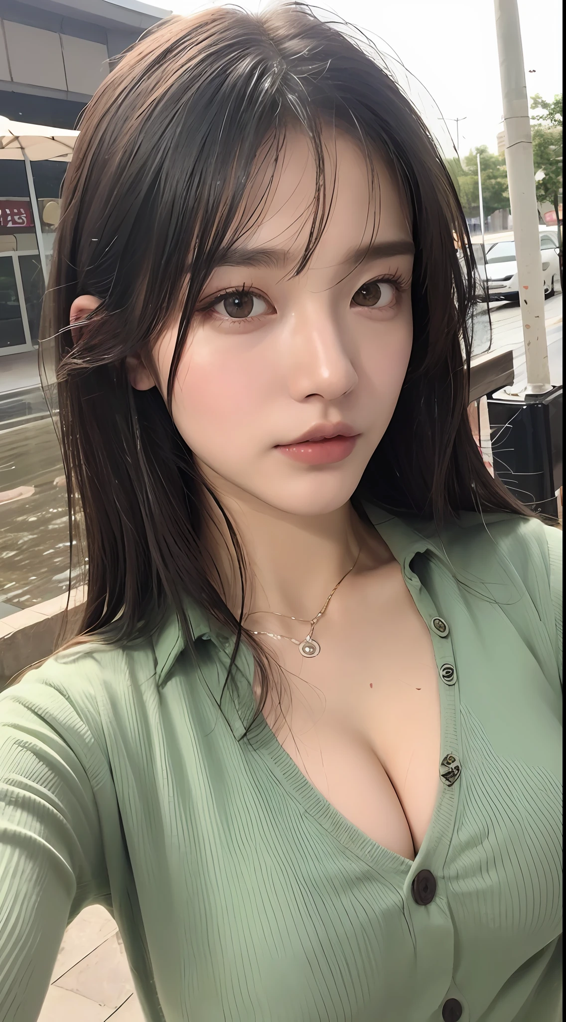 ((best qality, 8k, Jeizuo:1.3)), sharp:1.2, Perfect body beauty:1.4, Slim abs:1.2, ((layered hairstyle, Big big tits:1.2)), (Long shirt with wet white buttons：1.1），（wet rain，streets：1.2），The shirt buttons are open，Get wet：1.5，Highly detailed facial and skin texture，Detailed eyes，Double eyelid，Look sideways at the camera