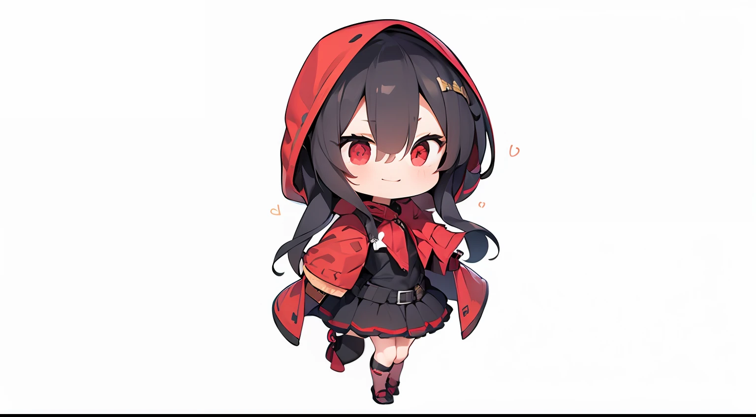 anime girl with red hood and black hair and red eyes, [[[[grinning evily]]]], from arknights, small curvy ****, stylized anime, Shirabii, 8K!!, small **** girl, crimson themed, Chibi, pixiv 3dcg, mika kurai demon, Official artwork Align your legs