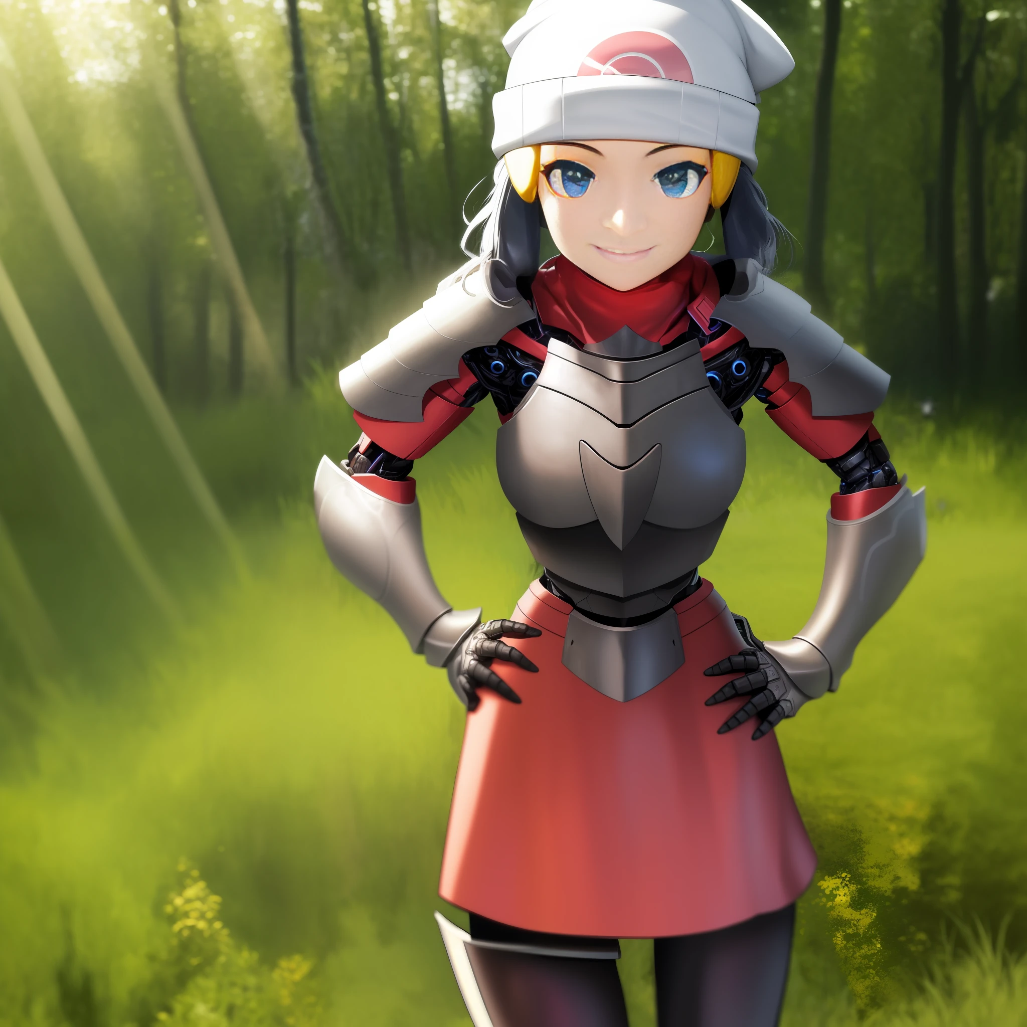 Cowboy Pose, hands resting on hips, Cybernetic torso, heavy armor torso, cybernetic arms, heavy armored arms, cybernetic gauntlets, heavy armored hands, Cyberspace armor, red heart on chest, heavy black chest and arm armor, white hand armor